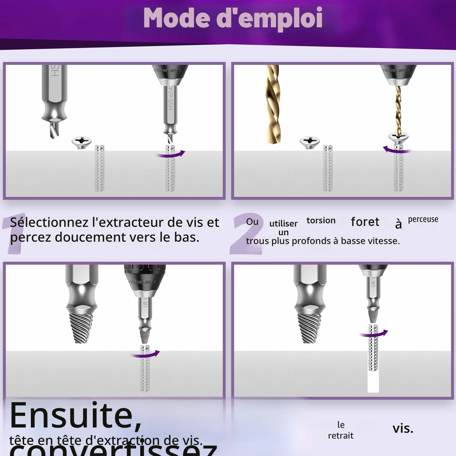 Kit Extracteur de Vis Cassée 9 Pièces HSS 6542 63-65HRC avec 3 Forets