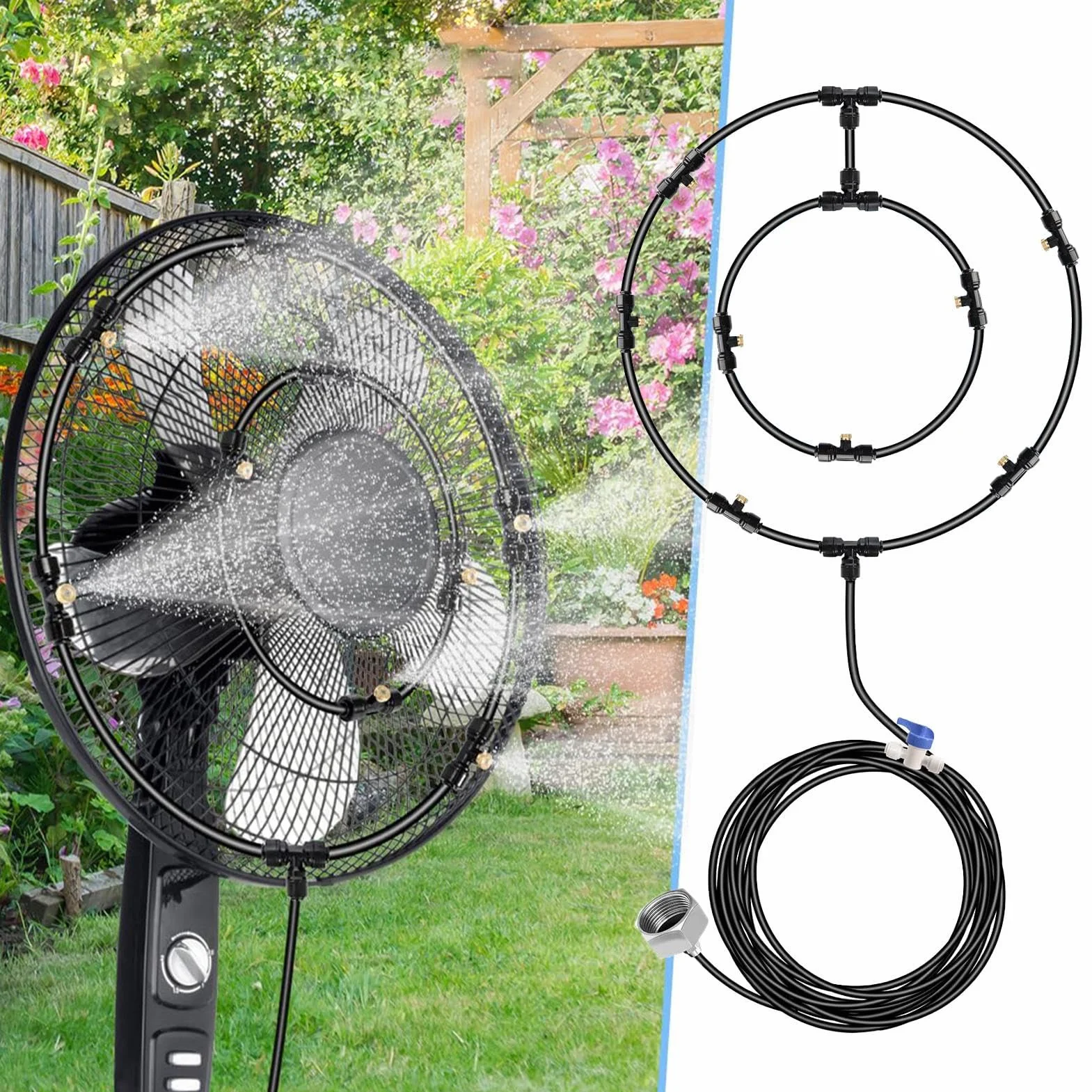 Kit de Brumisation Ventilateur pour Terrasse Extérieure avec Tuyau d’Alimentation en Eau de 8 M