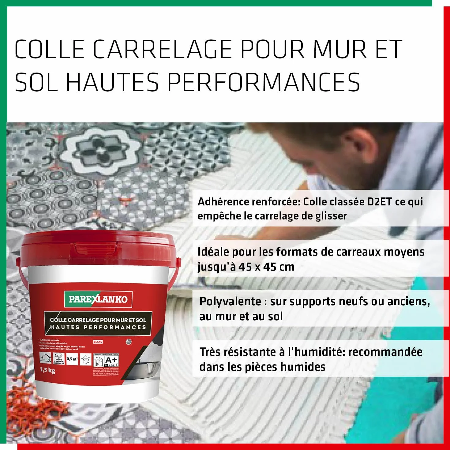 Parexlanko - Colle en pâte améliorée - Colle Carrelage Pour Mur et Sol Hautes Performances - Blanc - Prêt à l’emploi - Résiste à l’humidité - 1,5kg
