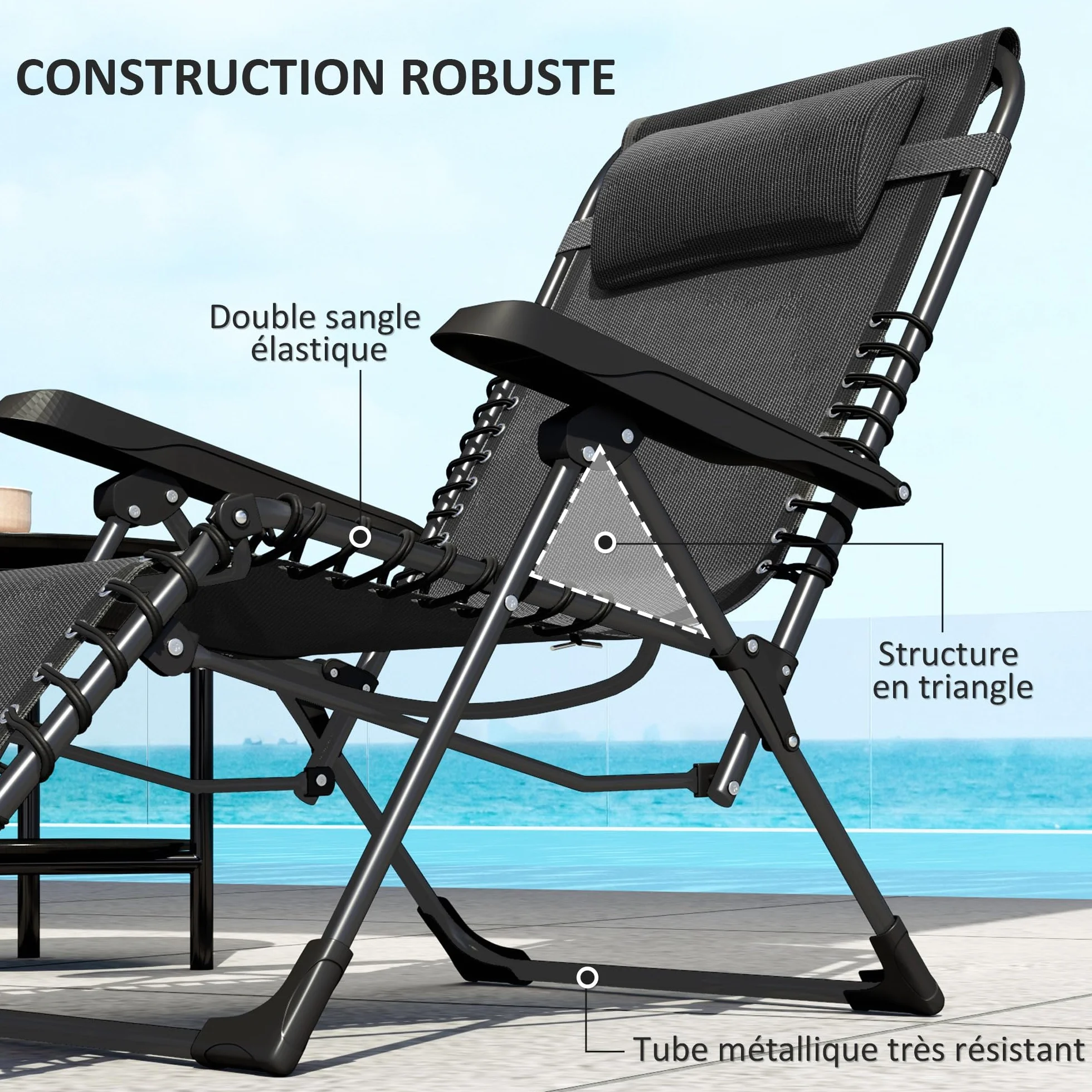 Outsunny Lot de 2 Bain de Soleil Pliante en Textilène, Chaise Longue Jardin 90 x 65 x 112 cm Noir