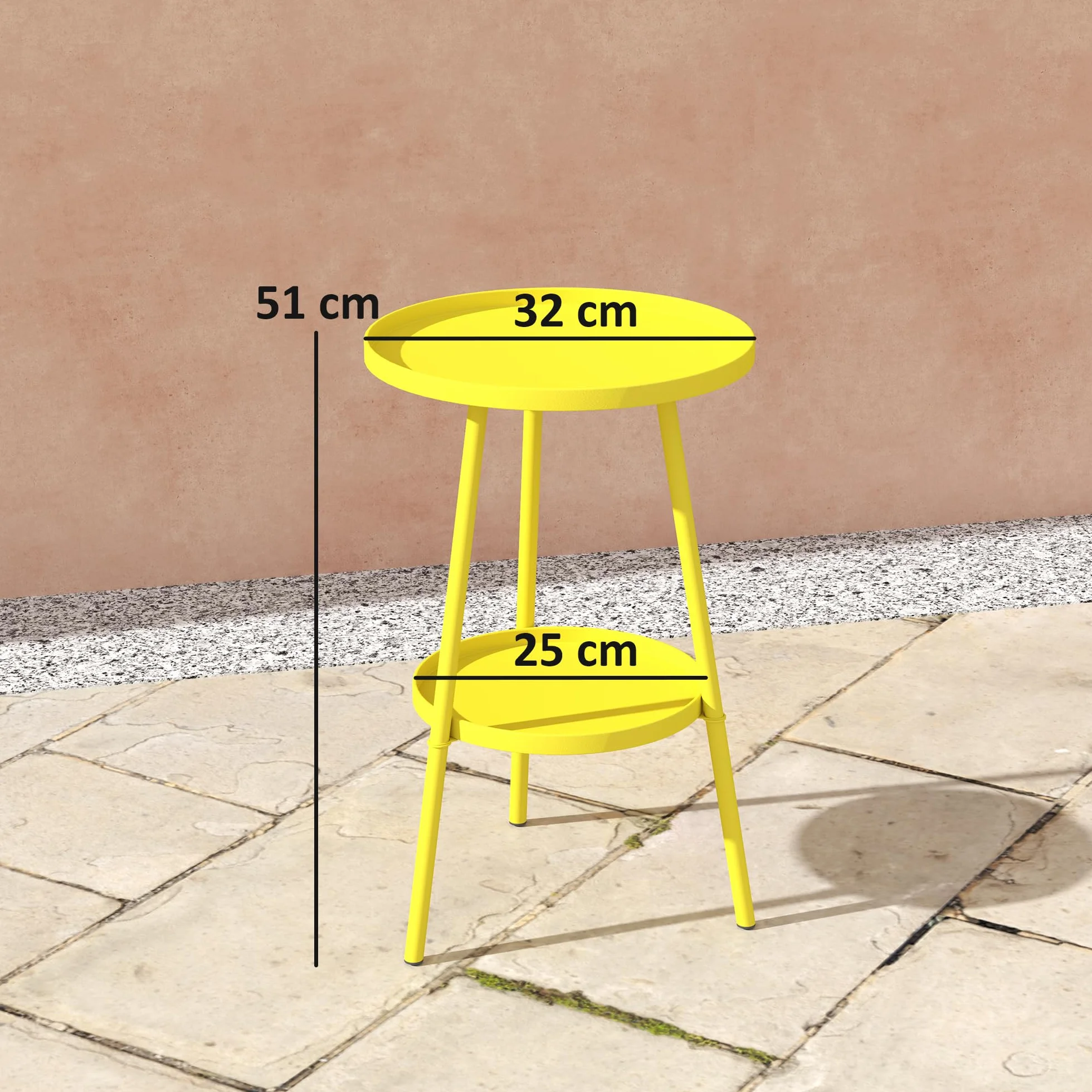 Outsunny Petite Table d'appoint Ronde à 2 Niveaux, Table de Jardin, en métal, Jaune