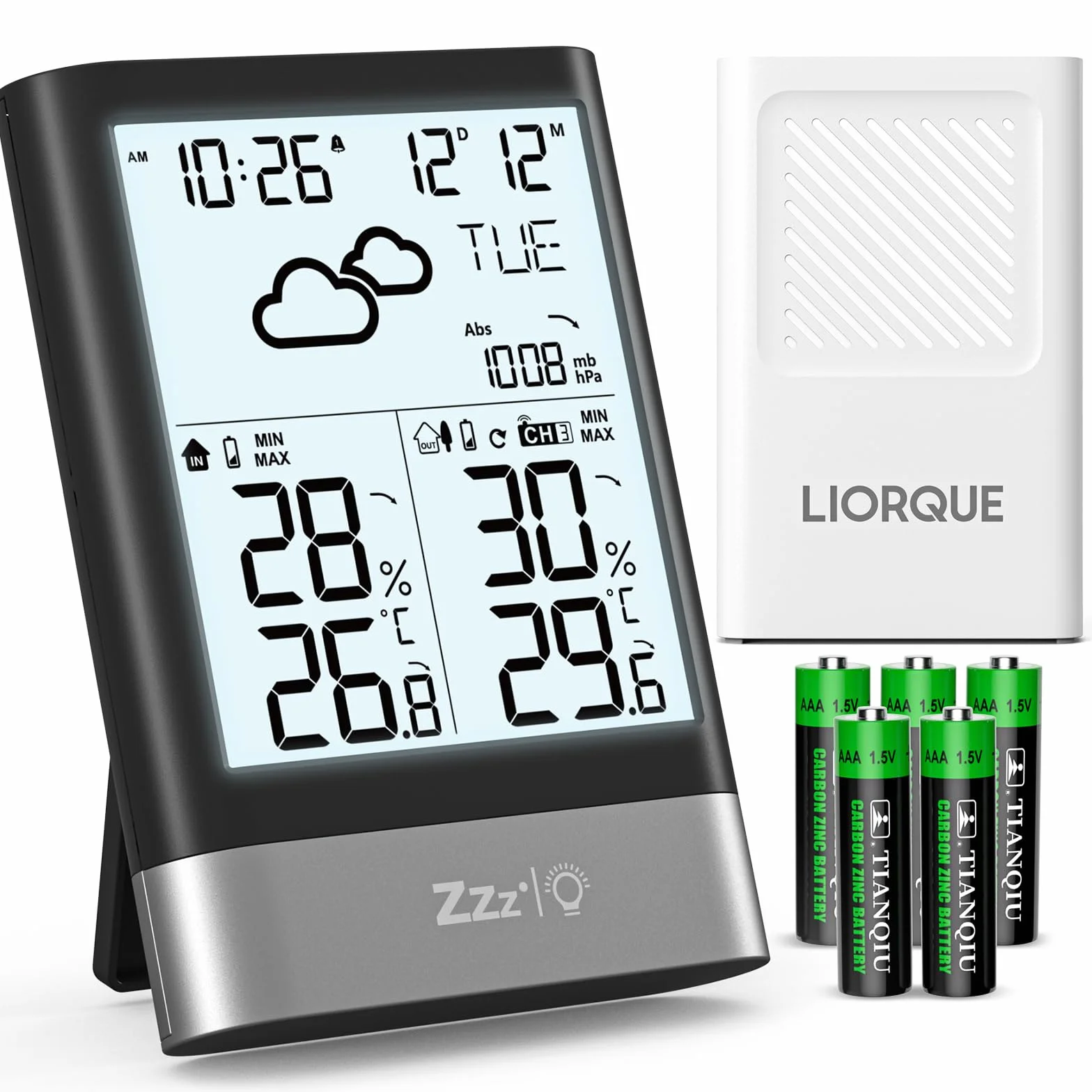LIORQUE Station Météo Sans Fil avec Capteur Thermomètre Hygromètre Baromètre Extérieure LCD Horloge Alarme Snooze