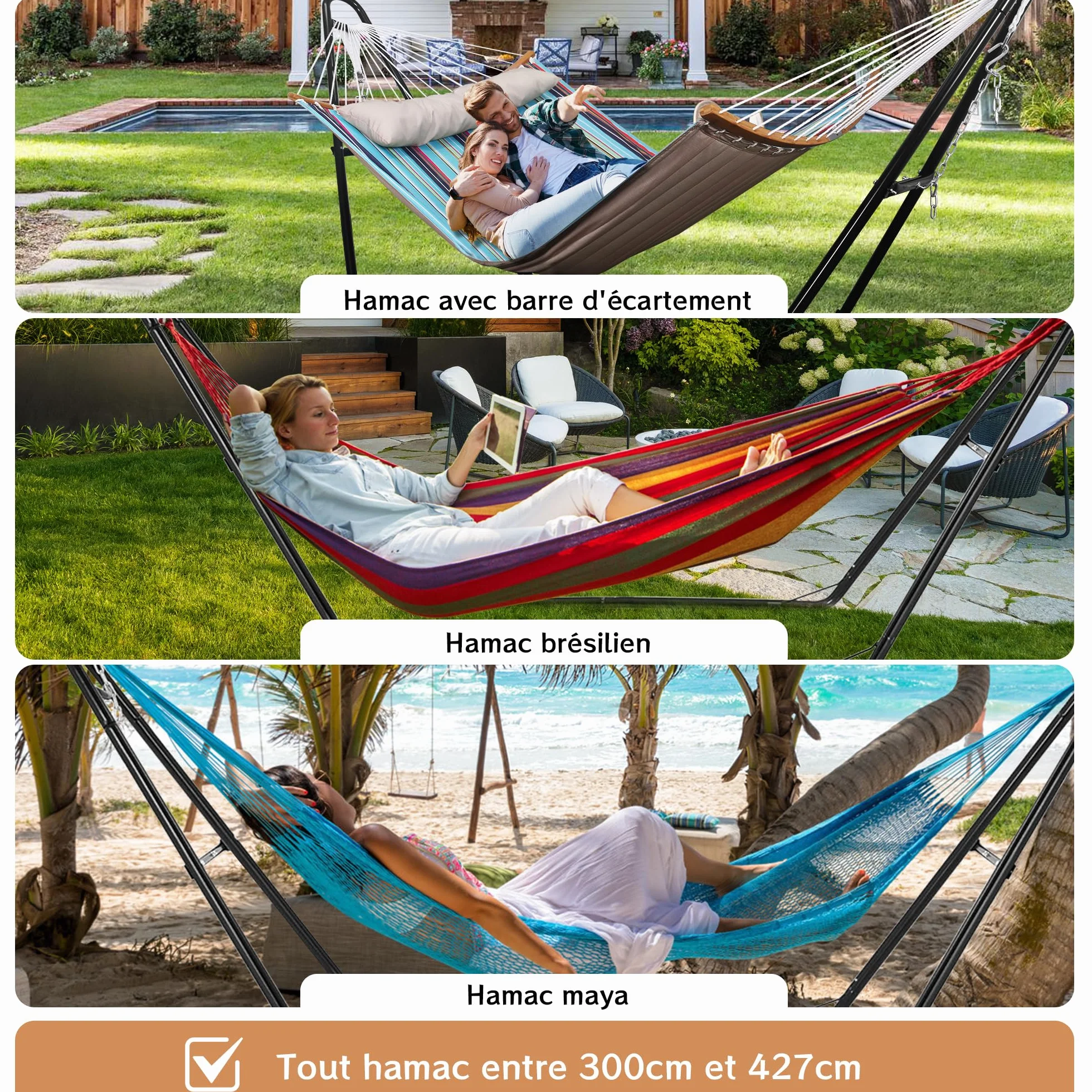 Support universel pour hamac 2 personnes 250 kg acier extérieur 2,9-4,3 m
