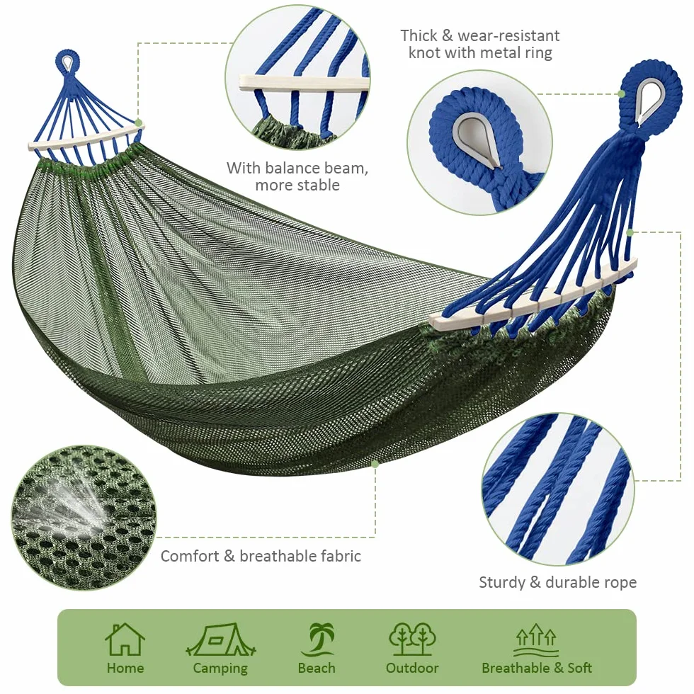 Hamac de Camping Respirant en Nylon Filet avec Barres Bois 290x150 cm Vert