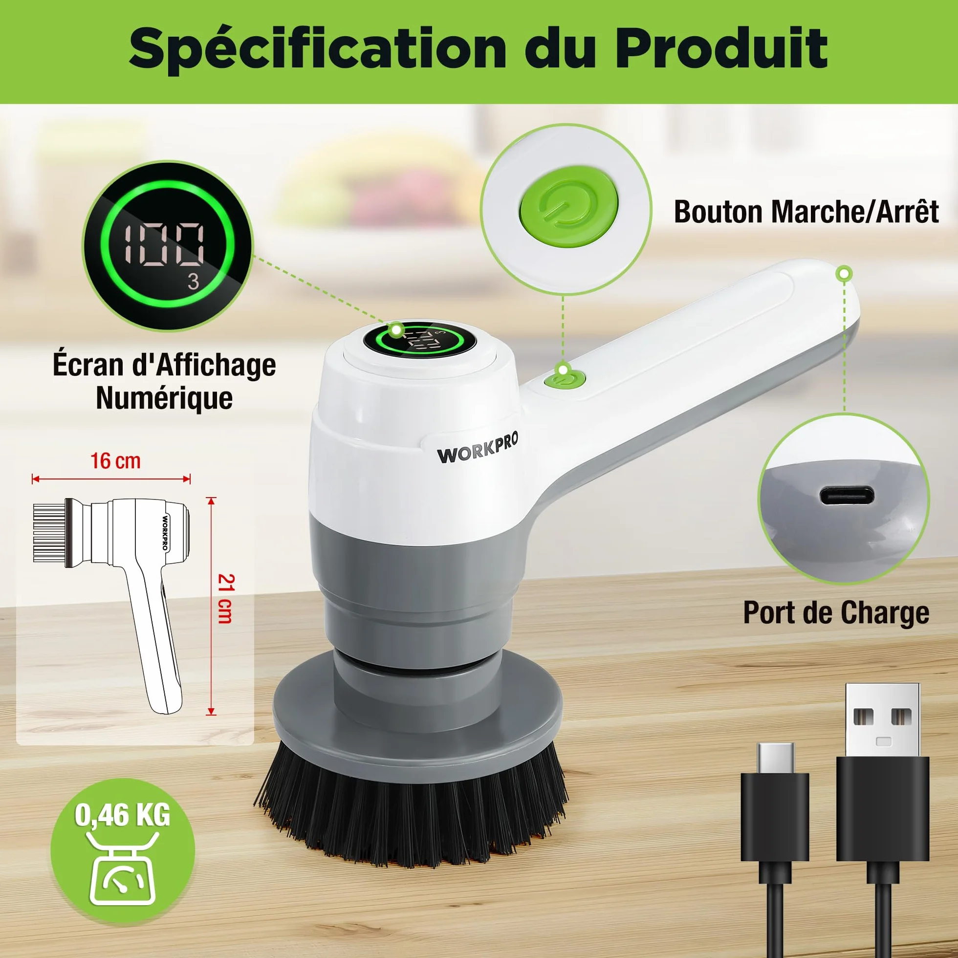 WORKPRO Brosse de Nettoyage Rotative avec 6 Brosses, Brosse sans Fil 8V, 3 Vitesses Réglables (200/350 / 500 TR/Min), IPX6, Électrique Rechargeable pour Salle de Bain, Cuisine et Fenêtres