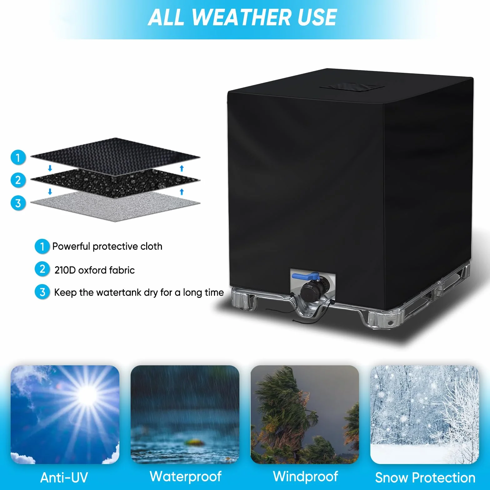 Bâche IBC 1000 L Anti-UV NEVERLAND Couverture Réservoir Eau Pluie 420D Coupe-Vent Noir 120x100x116cm