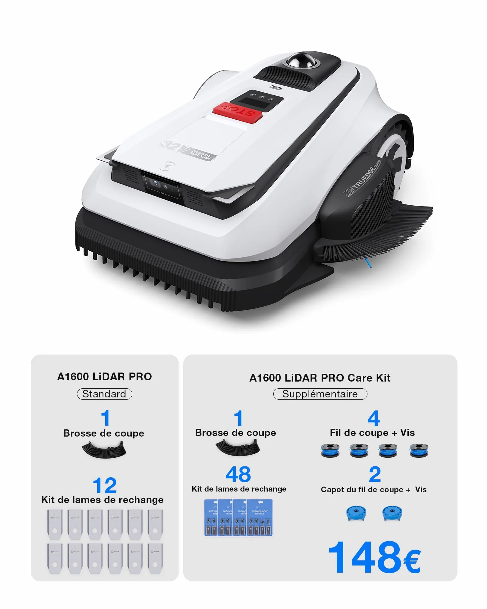 Ecovacs Goat A1600 LiDAR Pro Robot Tondeuse sans Fil 1600 M² Navigation Dual-LiDAR 360° Évitement d'obstacles 3D par IA Charge Ultrarapide