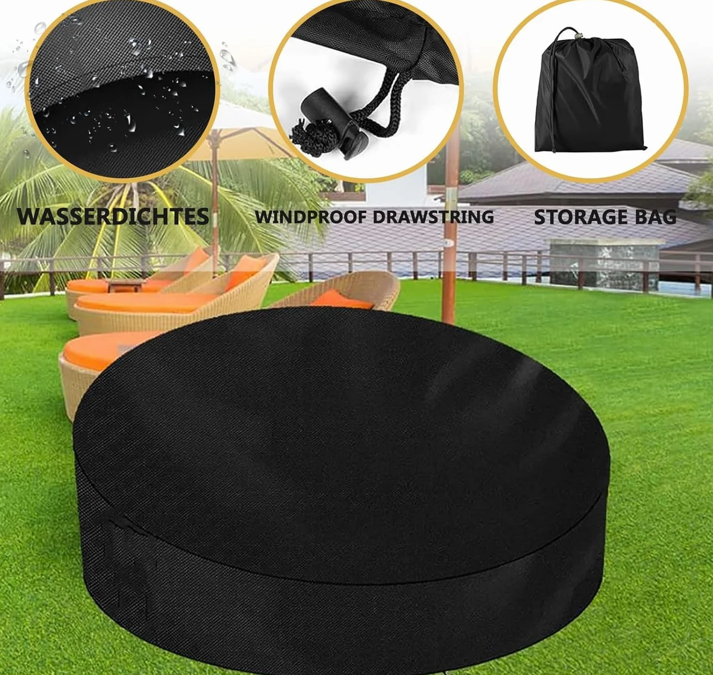 Housse de Protection Canapé-lit Rond Jardin 420D Oxford Imperméable Bâche Chaise Longue Ronde 228x83cm Noir