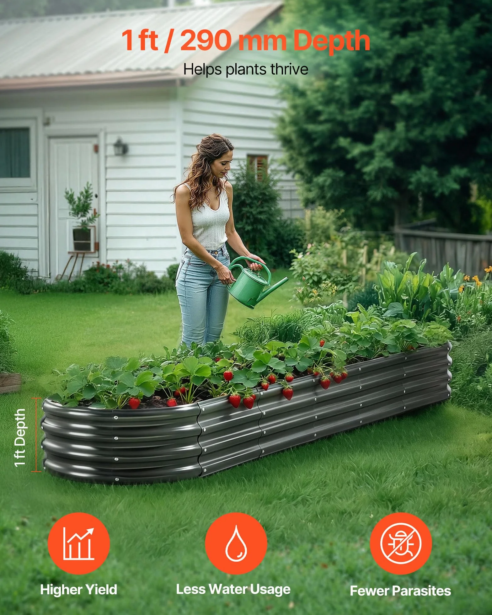 VEVOR Potager Surélevé Métal 240x60x29 cm Carré Galvanisé Gris Foncé