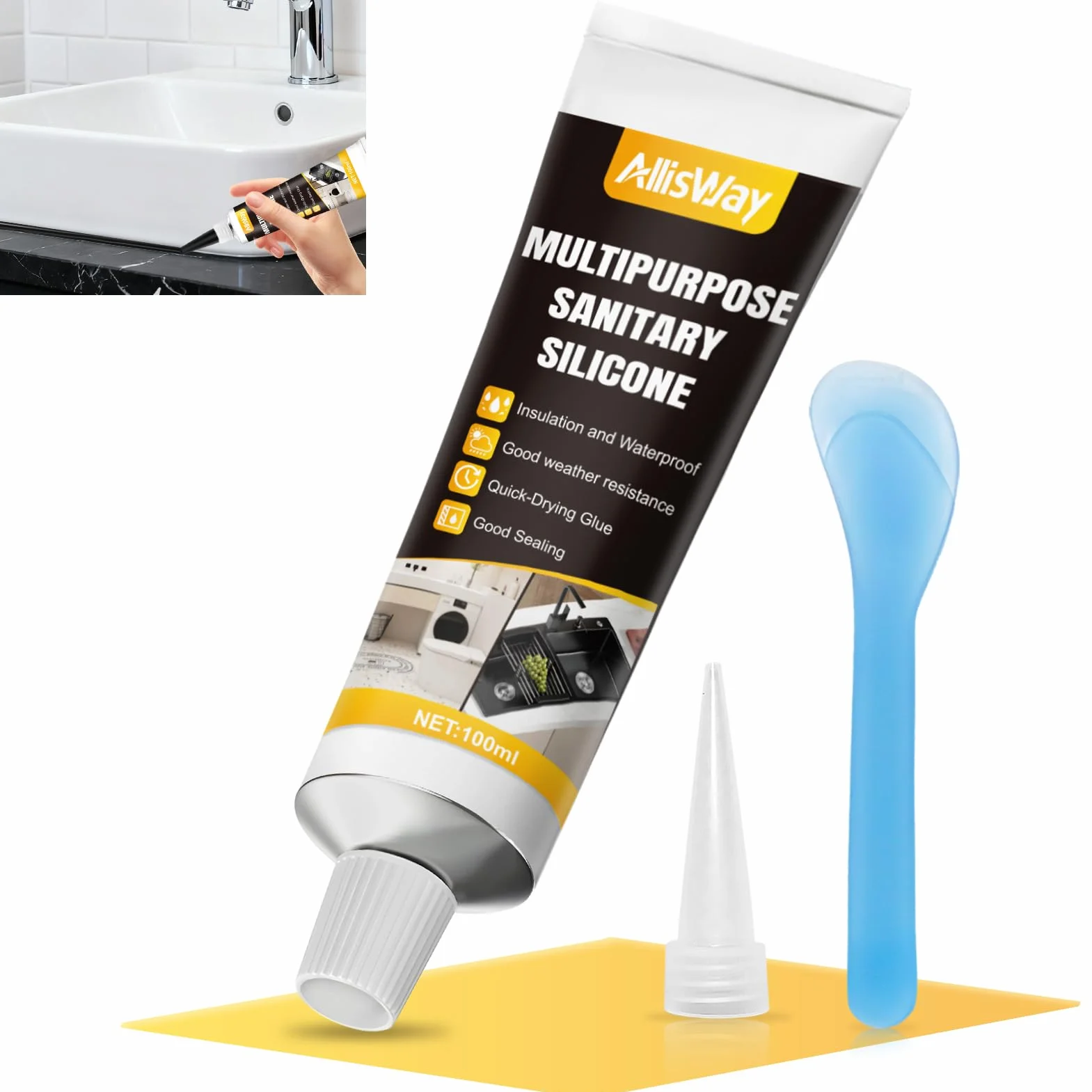Silicone Noir Salle de Bain, Silicone Noir, Joint silicone, Mastic d'Étanchéité Imperméable Avec Raclette et Embout,Convient pour l'Étanchéité des Éviers,Plans de Travail et Baignoires,100 ml