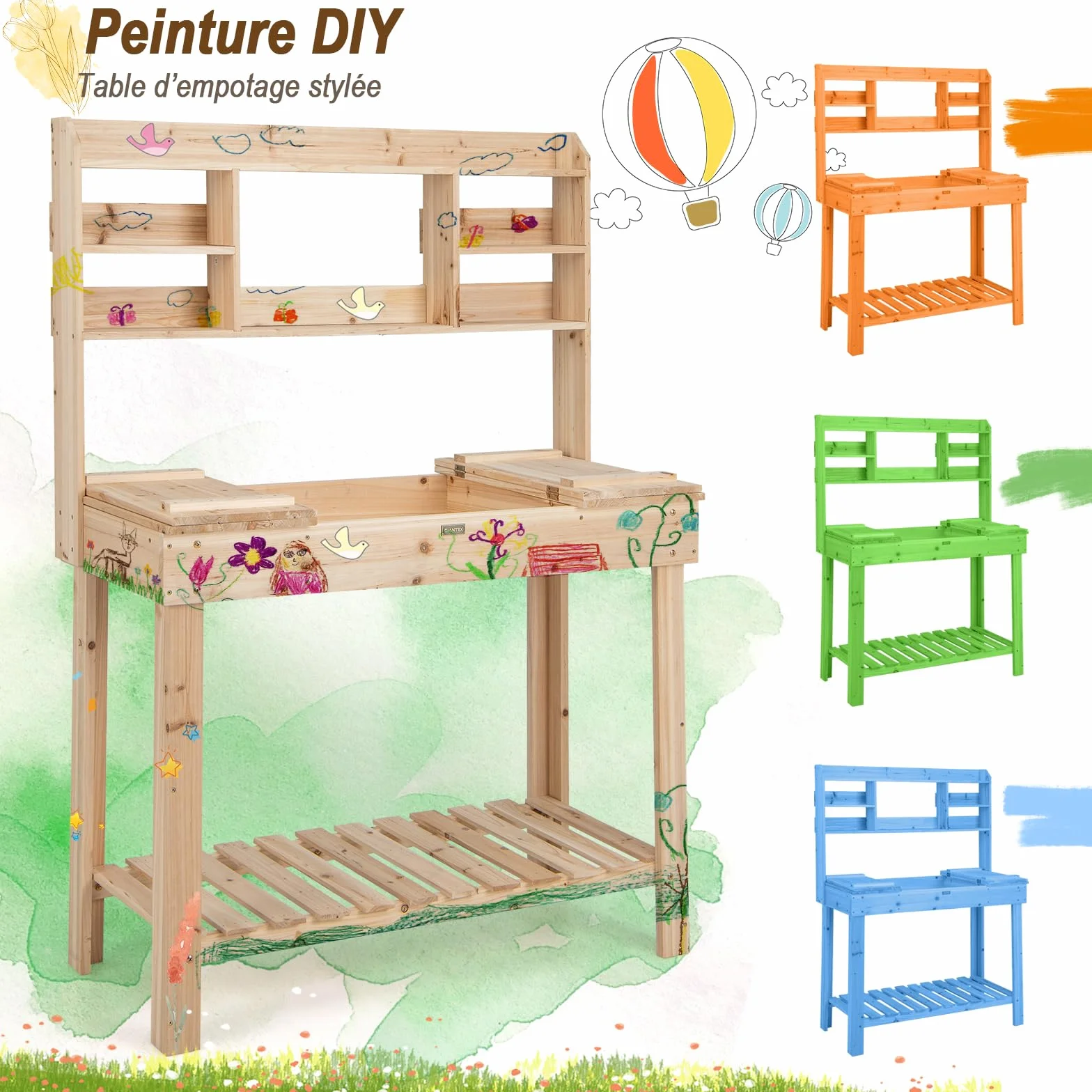 GOPLUS Table de Rempotage en Bois Plateau Ouvrable, Jardinage avec Étagères, Crochets et Tiroir, Charge 150 KG, 110 x 50 x 153 CM