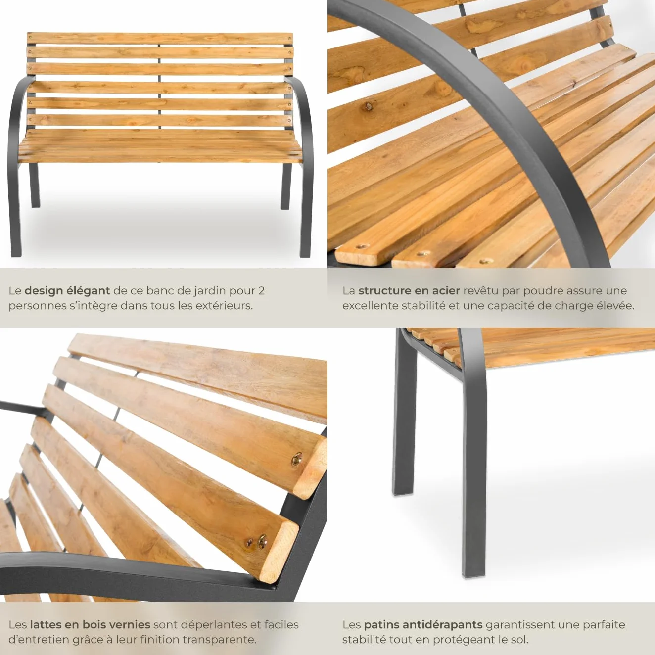 Tectake Banc de Jardin Solide en Bois Naturel laqué et Acier, Banquette de Jardin Noir Résistant aux intempéries