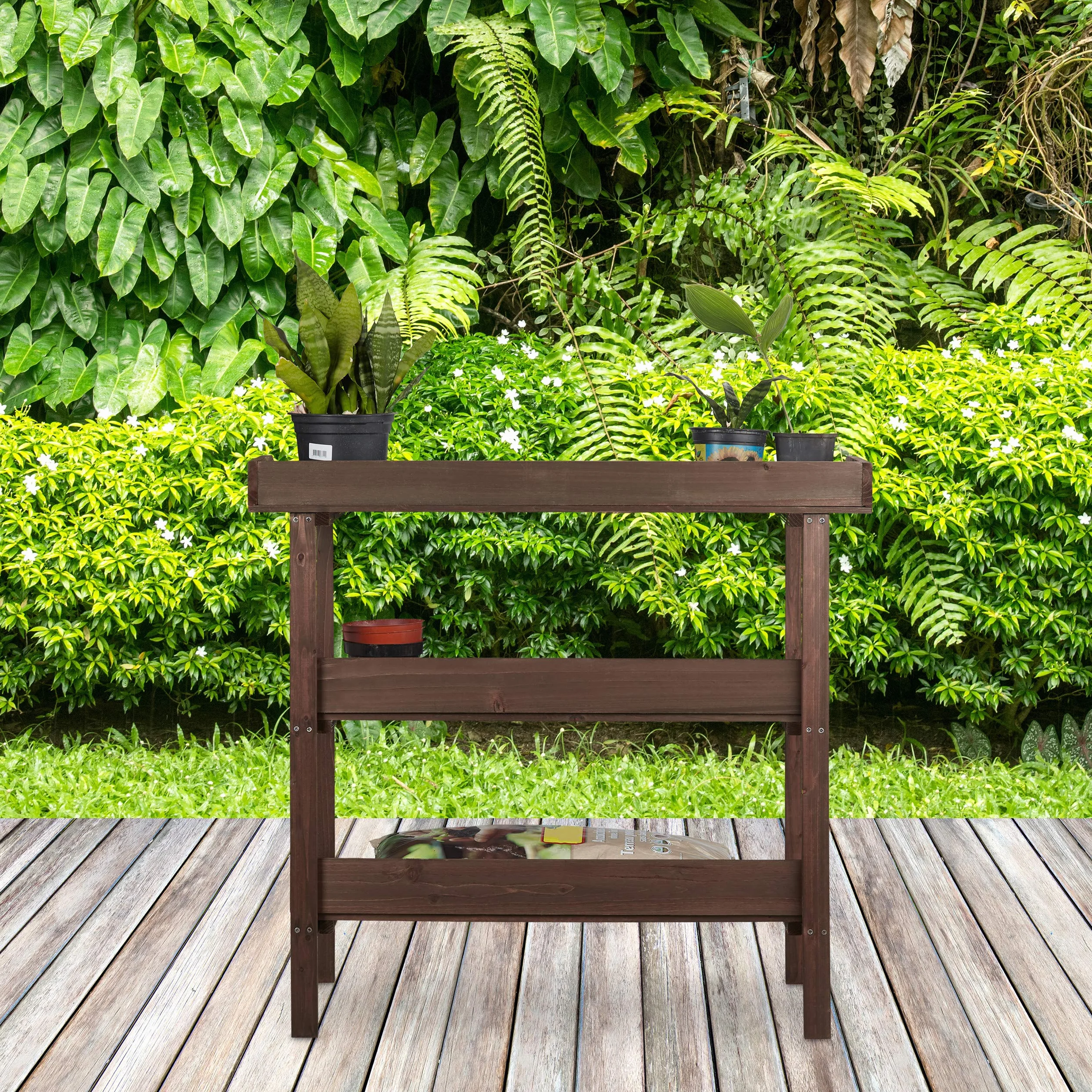 Relaxdays Plaque métallique Table de dépotage avec rangements Bois 86 x 92 x 41 cm Marron
