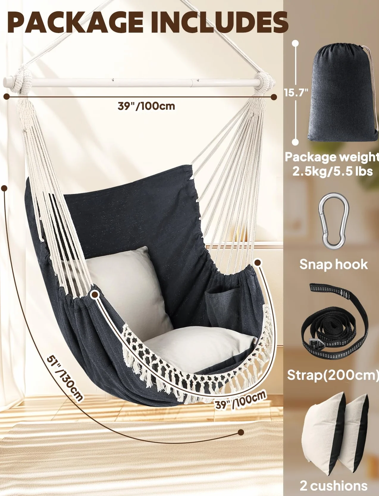 Chihee Chaise Hamac Suspendue Max 500 Lbs 2 Coussins Inclus Barre d'écartement Métal Antidérapante Poche Latérale Bohémienne