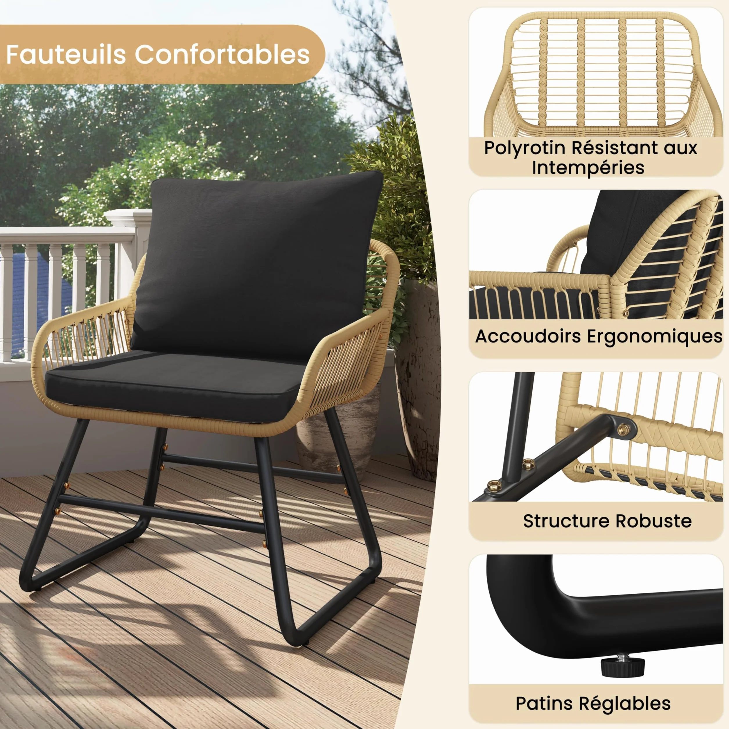 Abician Salon de Jardin Polyrotin 3 Pièces Ensemble 2 Personnes Fauteuils Table Basse Verre Trempé Beige Noir