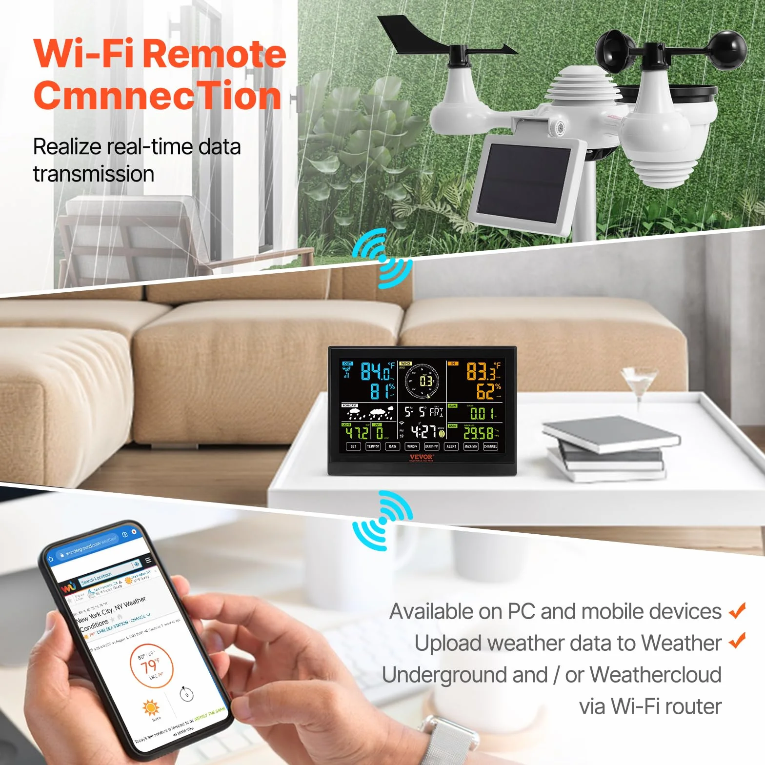 VEVOR Station Météo Wifi 7 en 1 Sans Fil Intérieur Extérieur Solaire Grand Écran 7,5 po Capteur Température Humidité Vent Pluie