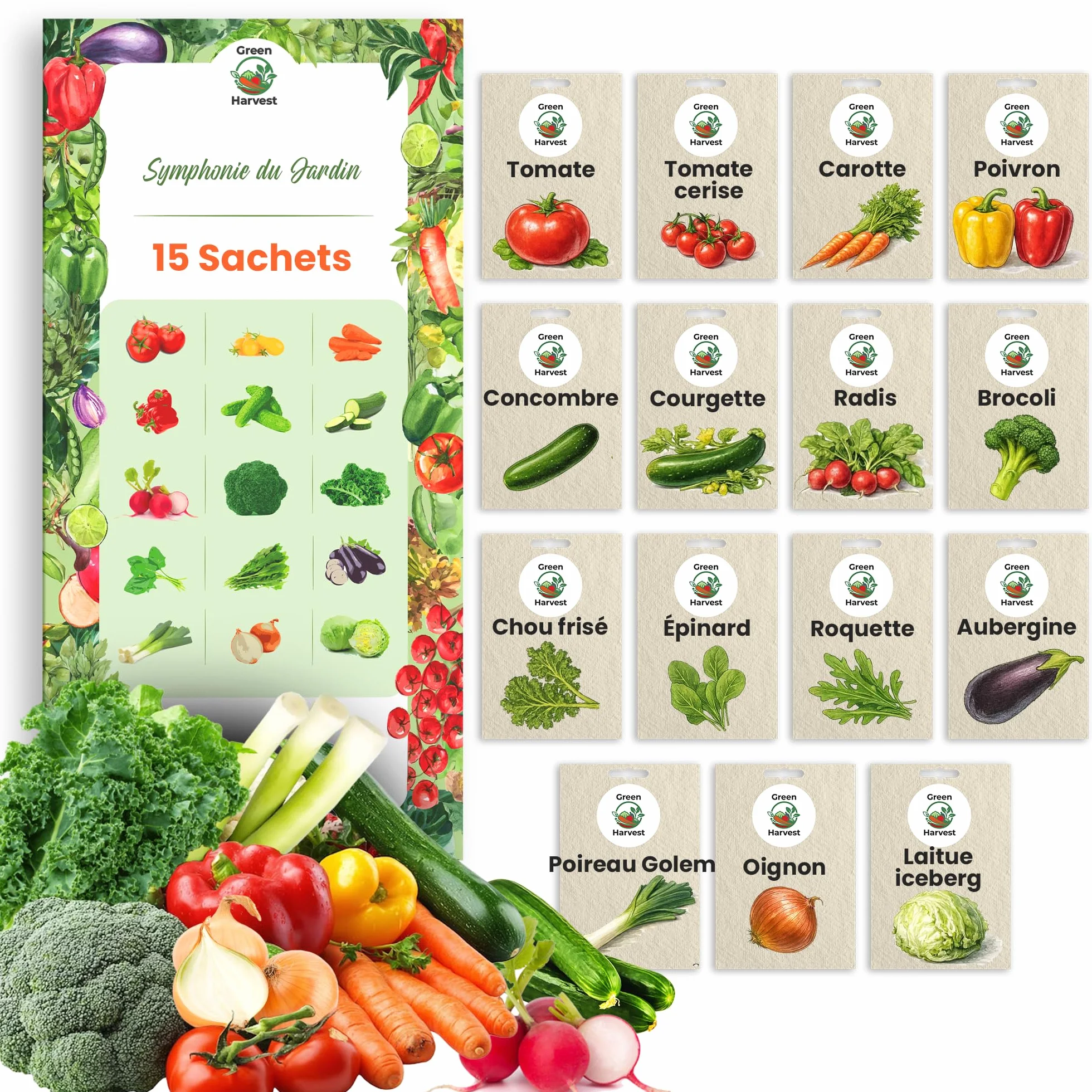 Kit de Graines de Légumes 15 Variétés – Tomate, Concombre, Carotte, Poivron, Courgette, Radis