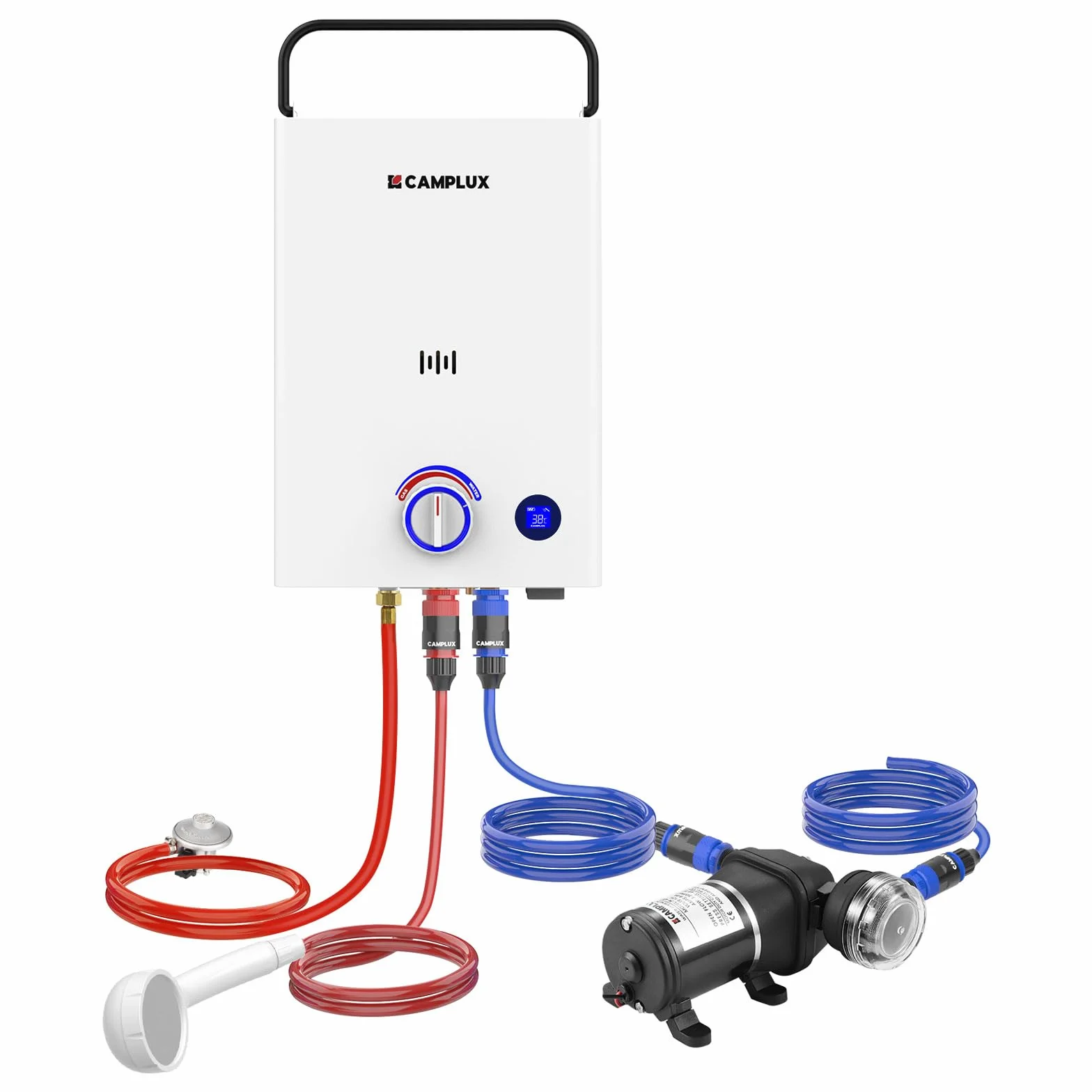 CAMPLUX F10 Pro Chauffe-Eau à Gaz 10L Portable Pompe à Eau Butane/Propane 28-37mbar Douche Extérieure Camping Caravaning