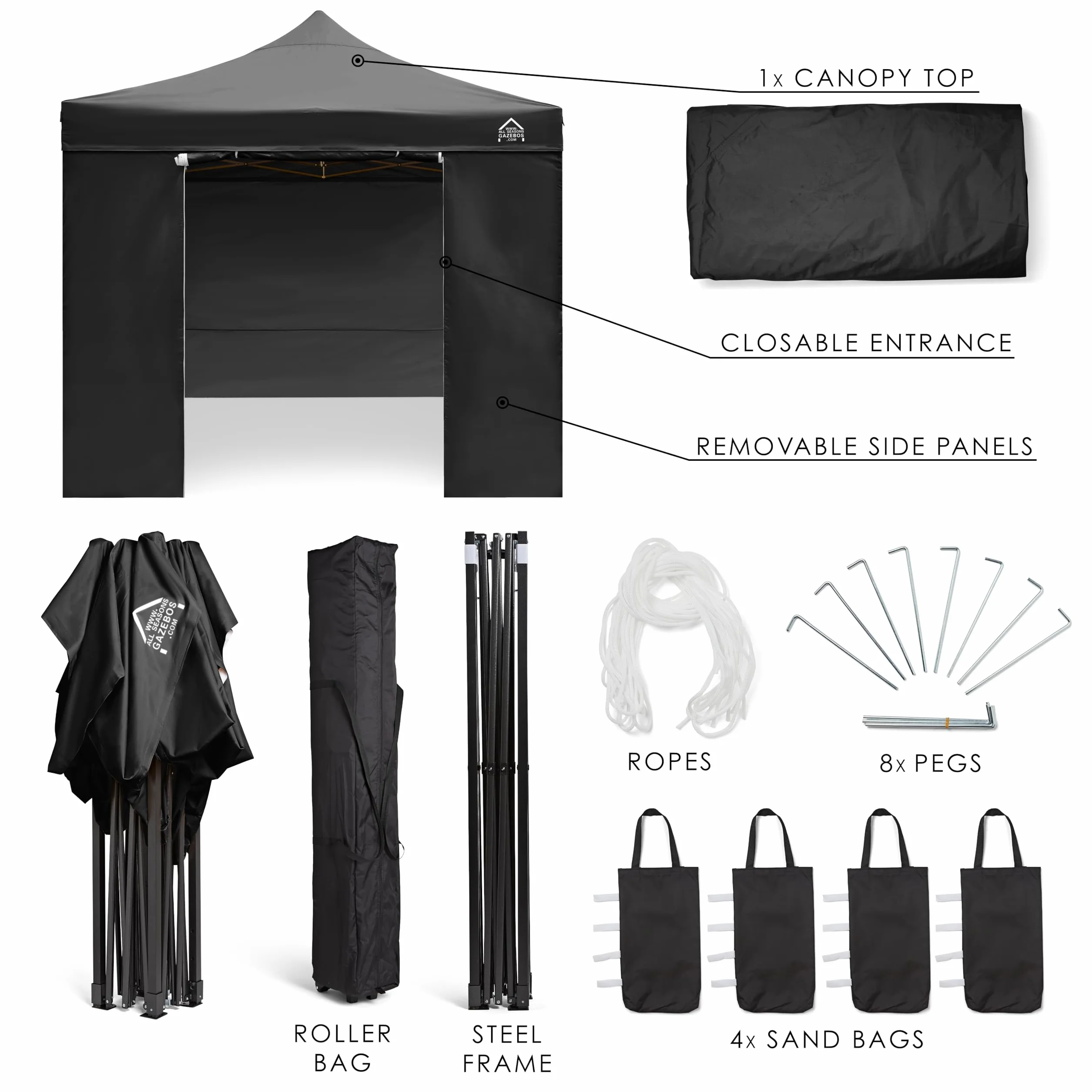 Tonnelle Pop-up 3x3m Imperméable 4 Parois Latérales Noir