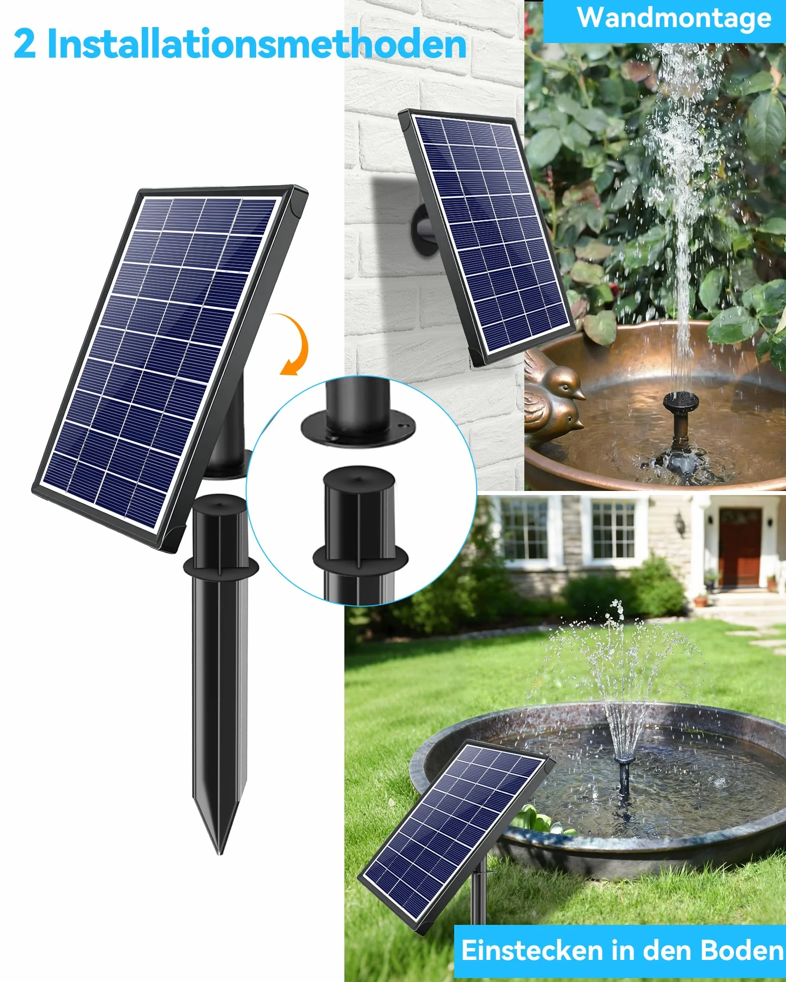 POPOSOAP Fontaine solaire d'extérieur 6,5 W 220 l/h batterie intégrée 3000 mAh