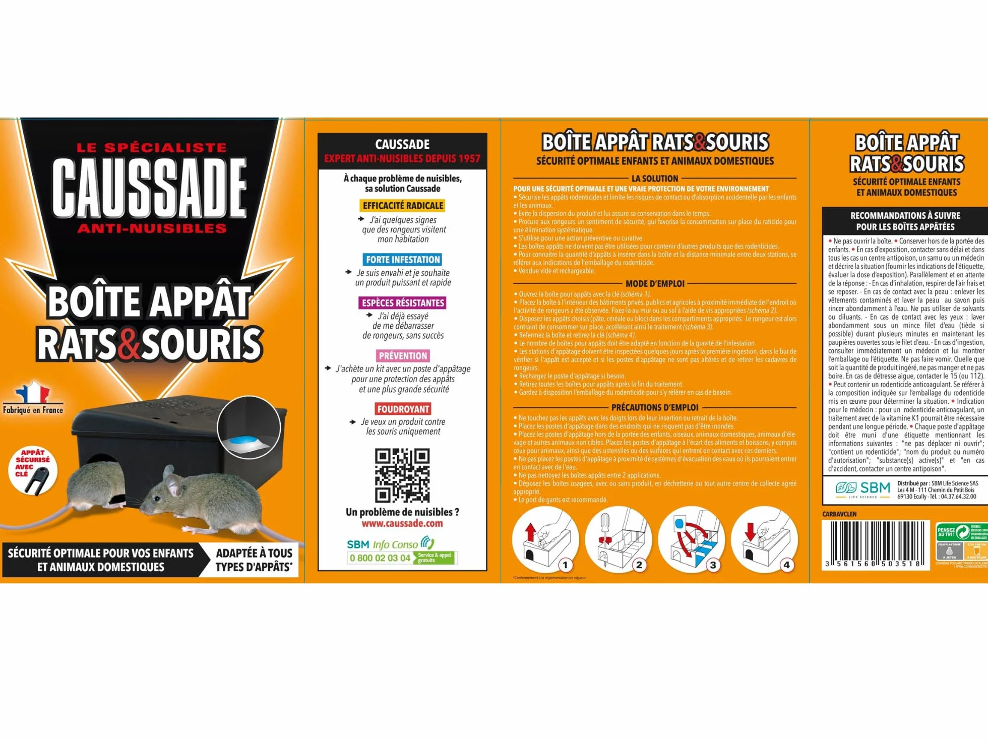 CAUSSADE Boite Appât Rats & Souris Sécurisée avec Clé de Fermeture Réutilisable 3 Mangeoires