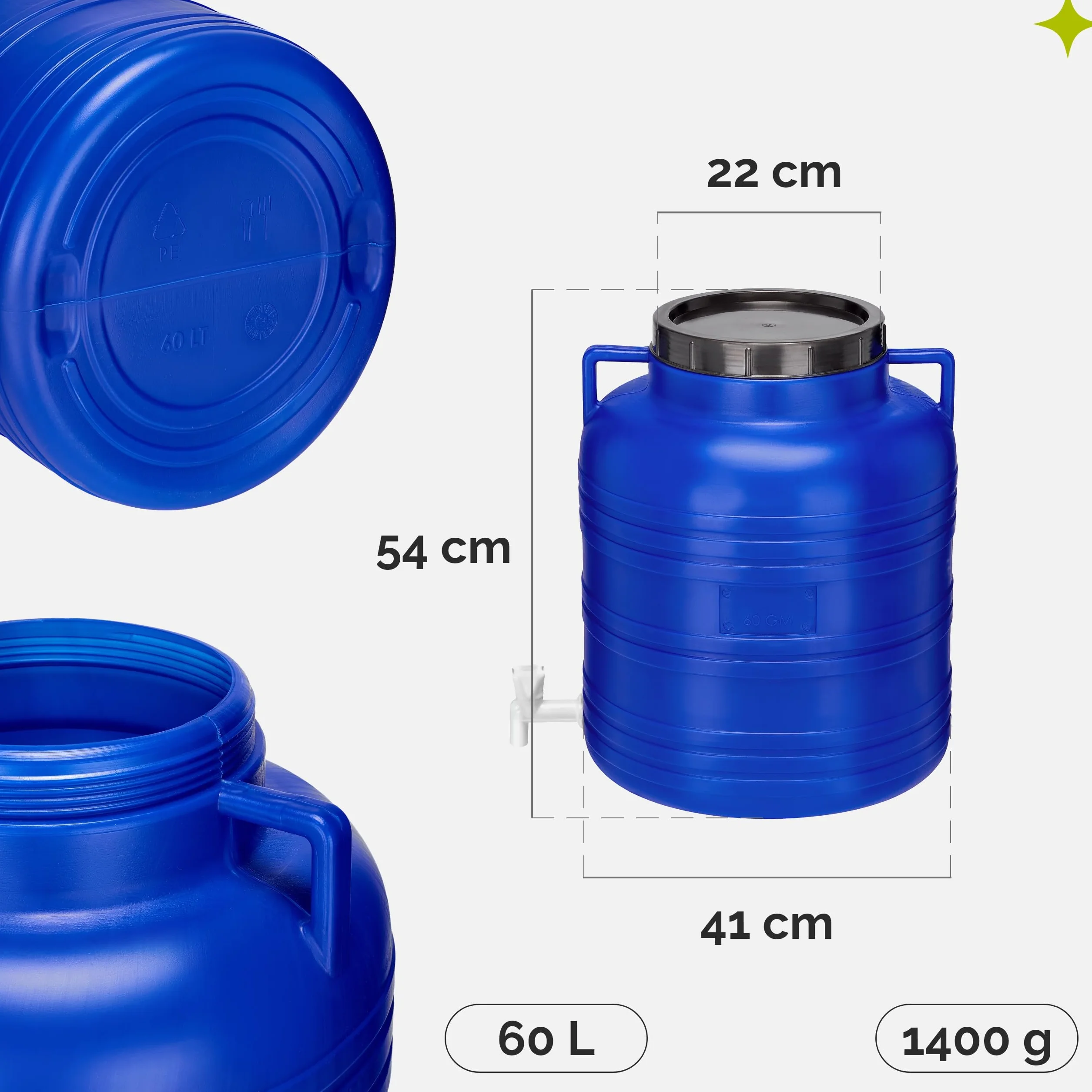 Réservoir Eau 60 litres sans BPA avec Robinet et Couvercle Bleu