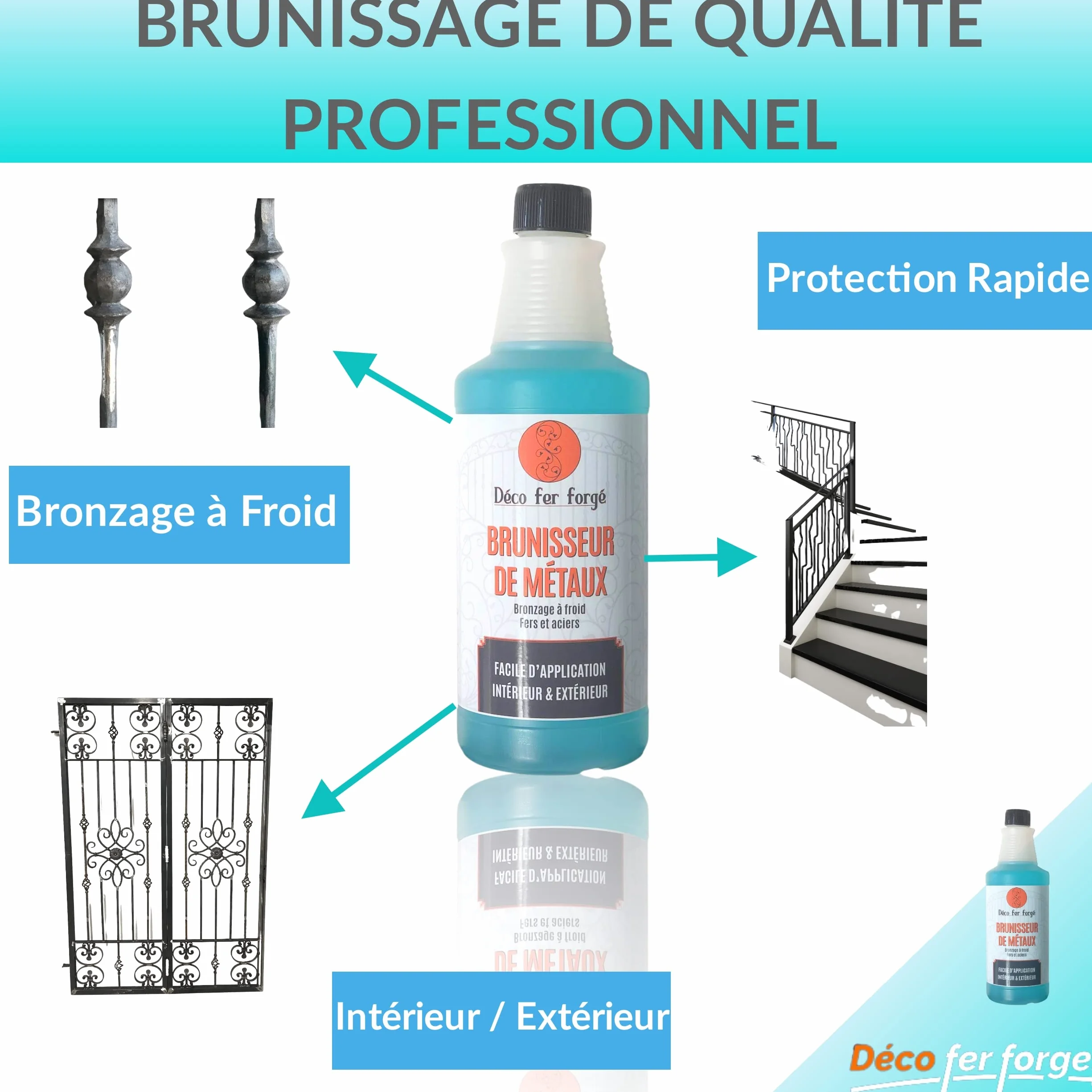 DECO FER FORGE -Brunisseur Metaux -Metal Concentre à Froid Fer Acier Laiton Bronze Cuivre Arme -Brunissage Noir Durable Efficace Rapide Facile Made in France -Grande Quantité 1L de liquide (1000 ml)