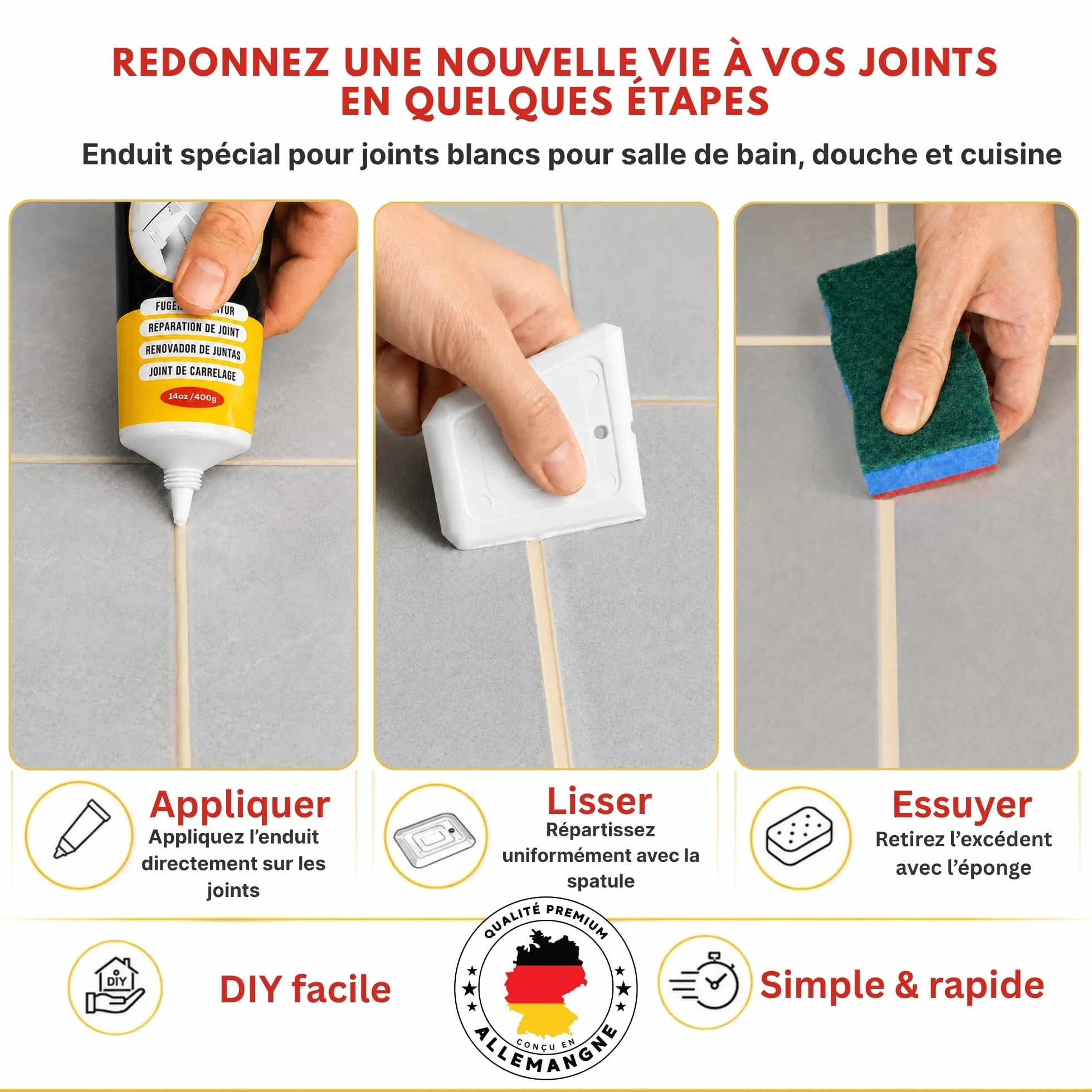ISPAR Kit de Réparation de Joint de Carrelage Crème (400g) - Mortier Coulis Couleur Crème, Joint Salle de Bain et Cuisine - Avec Spatule et Éponge