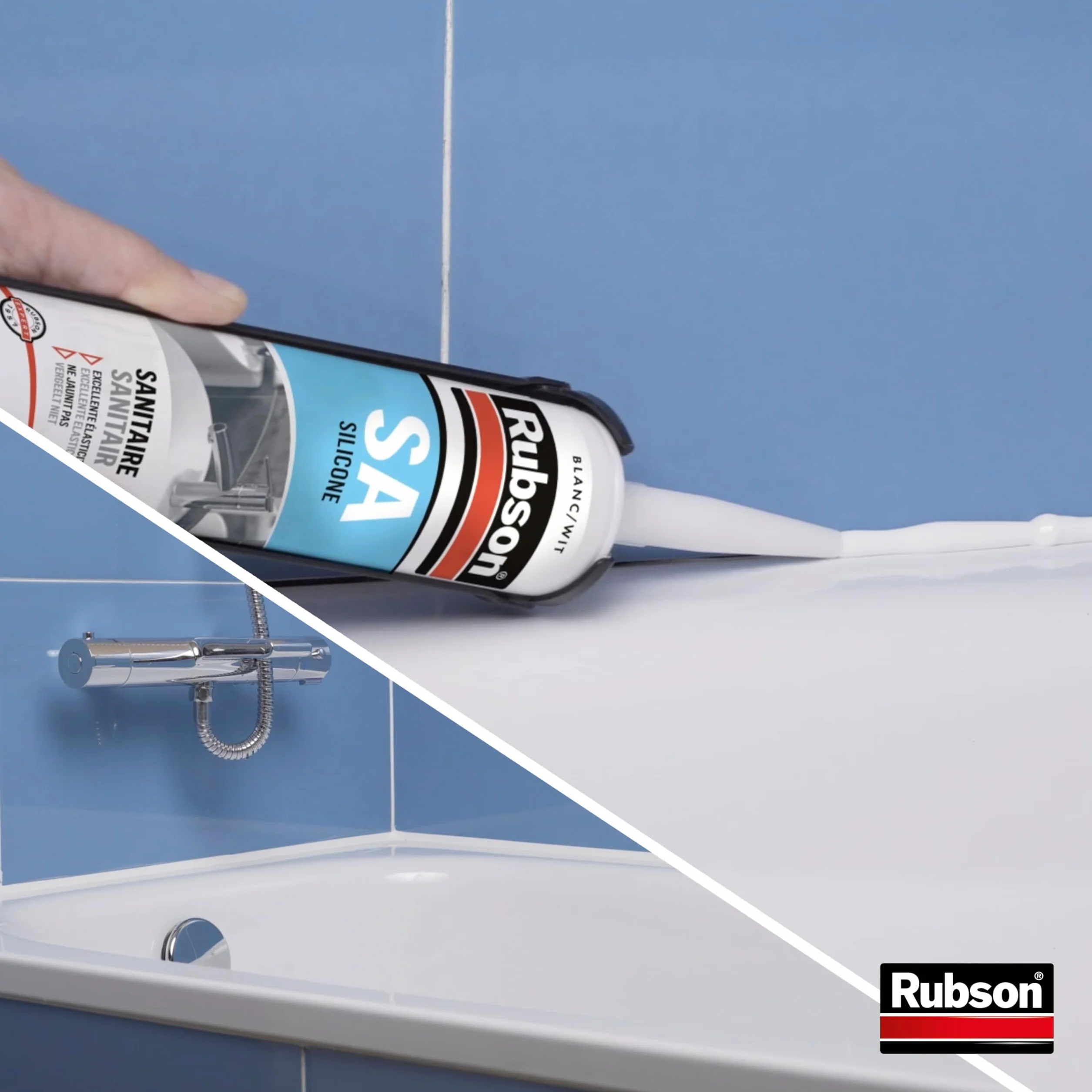 Rubson SA Mastic Sanitaire Blanc, Mastic silicone acétique contenant des antifongiques puissants, Joint sanitaire étanche pour tous matériaux émaillés, 300 ml