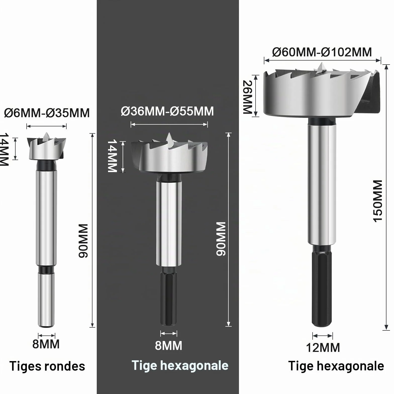 Mèche Forstner 50 mm pour bois, mèches Forstner diamètre 50 mm, longueur 90 mm avec tige hexagonale de 8 mm