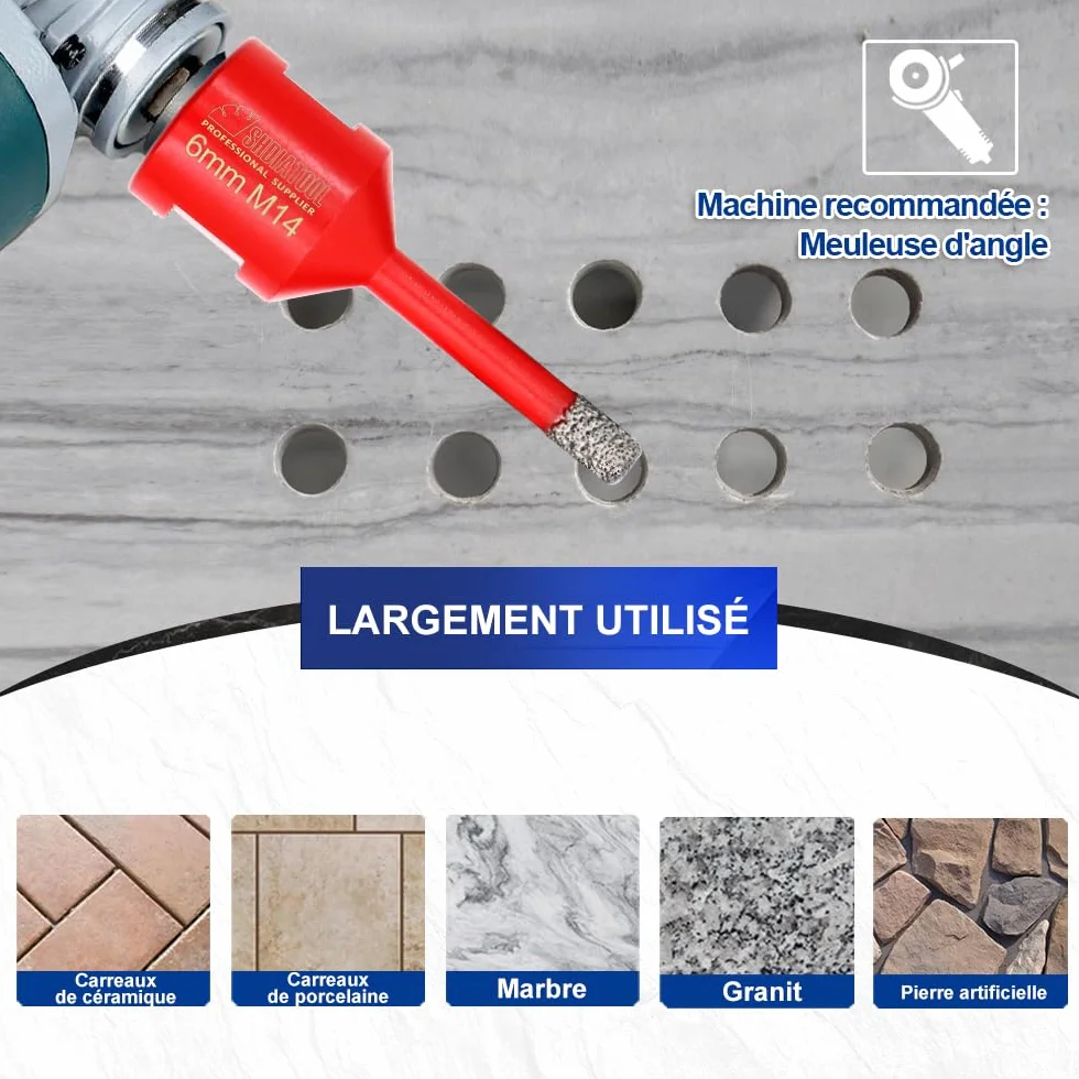 SHDIATOOL Forets Diamant Brasé Sous Vide 6mm/8mm/10mm Trépans M14 Perçage à sec Porcelaine Carrelage Granit Marbre