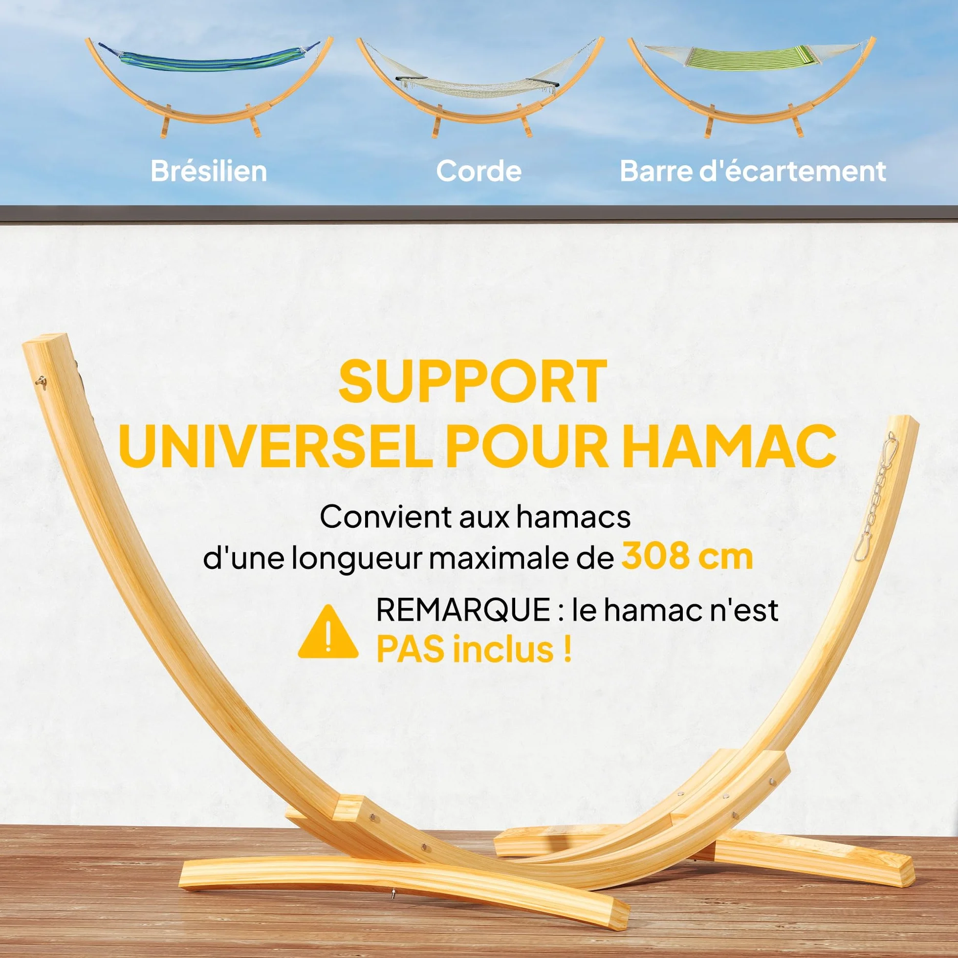 Outsunny Support Pied de hamac Structure Solide en Bois de pin Charge Max. 120 Kg dim. 325L x 120l x 118H cm Bois Naturel