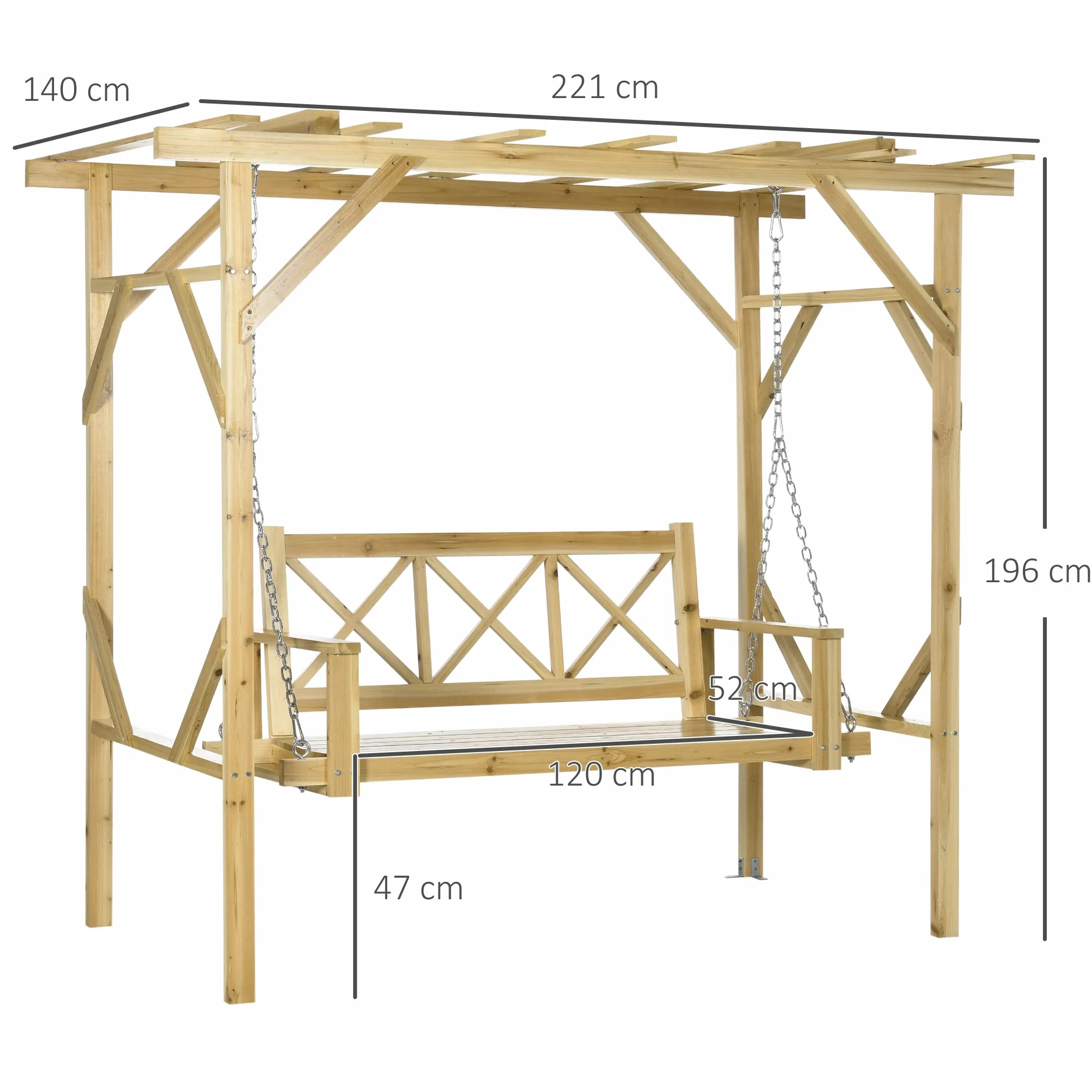 Balançoire Hollywoodienne Outsunny avec Pergola, Banc 2 Places, Bois Massif, 221x140x196 cm
