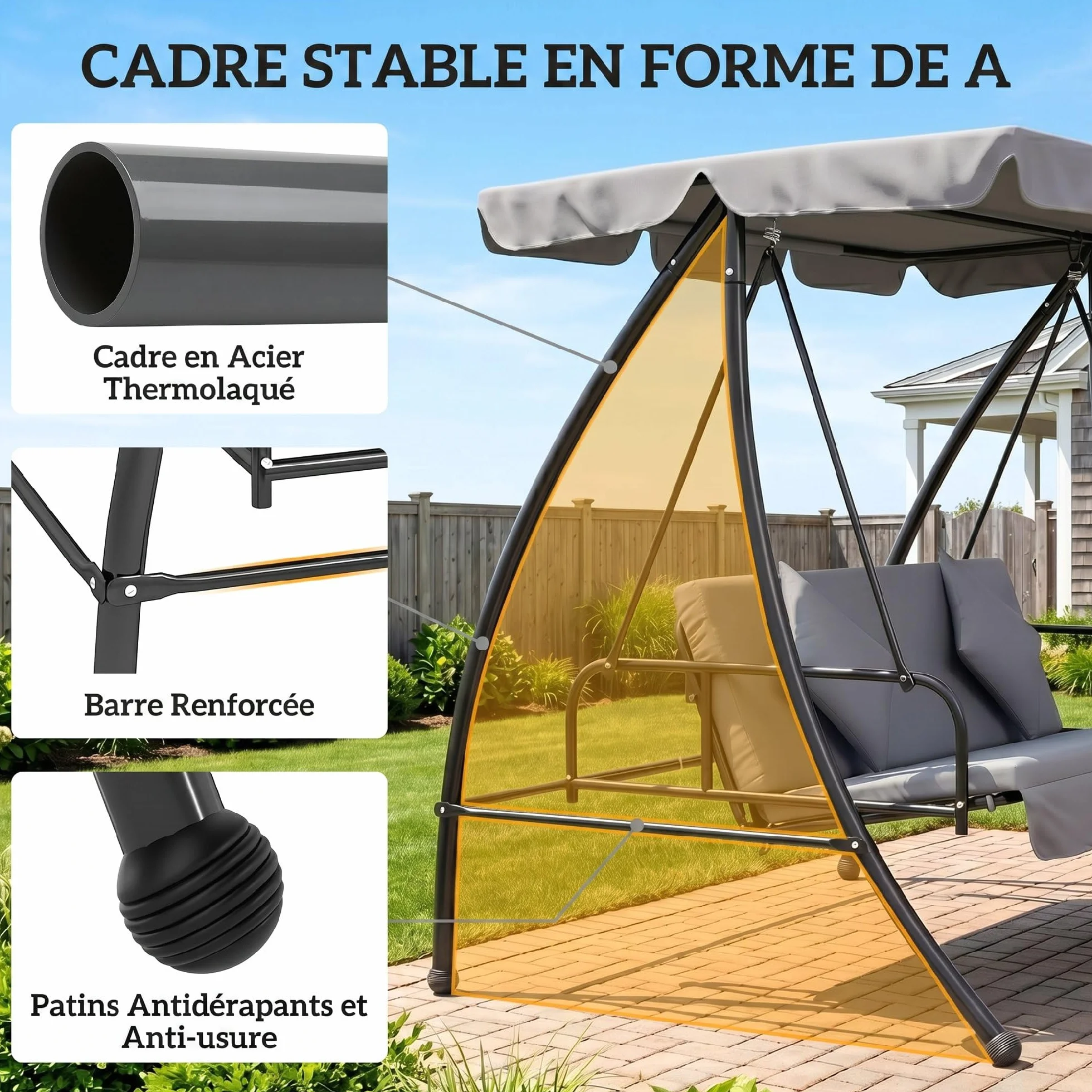 Outsunny Balancelle de Jardin 3 Places Convertible Toit réglable Matelas fourni métal Polyester Noir Gris Clair