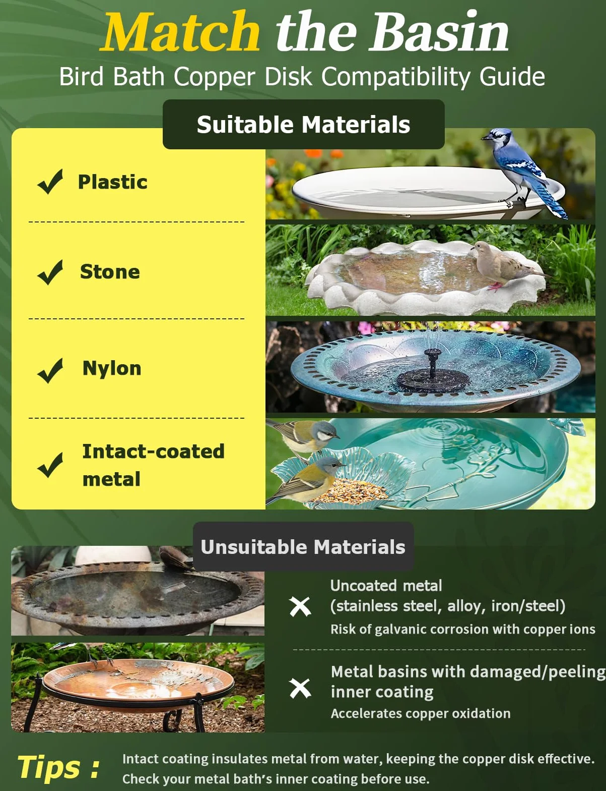 Mellbree Disque en cuivre pour Bain d'oiseaux, 0,6 mm renforcé, 99,99% cuivre pur avec support à trois points