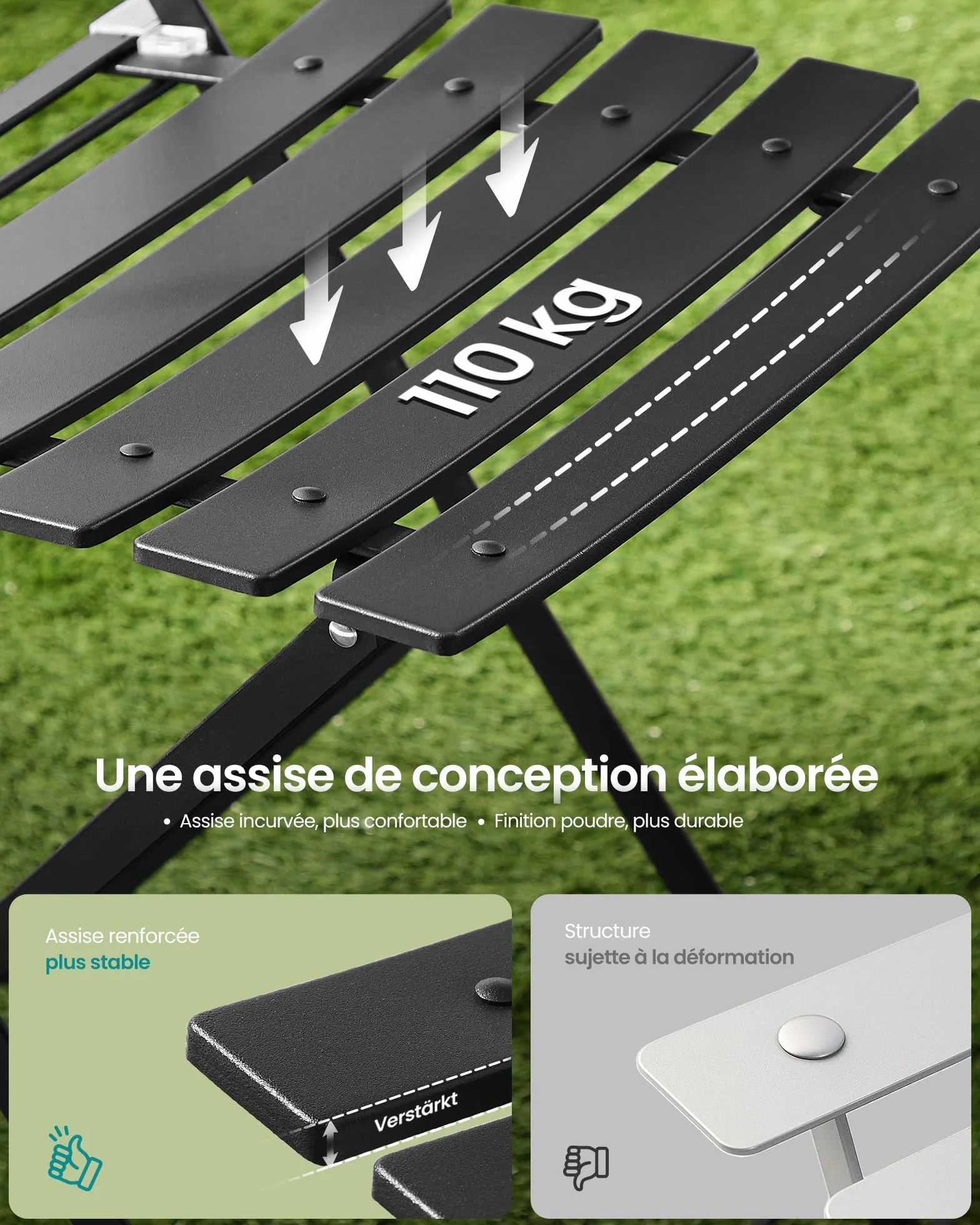 SONGMICS Table de Jardin Exterieur 3 Pièces Pliable Acier Résistant aux Intempéries Noir d'encre