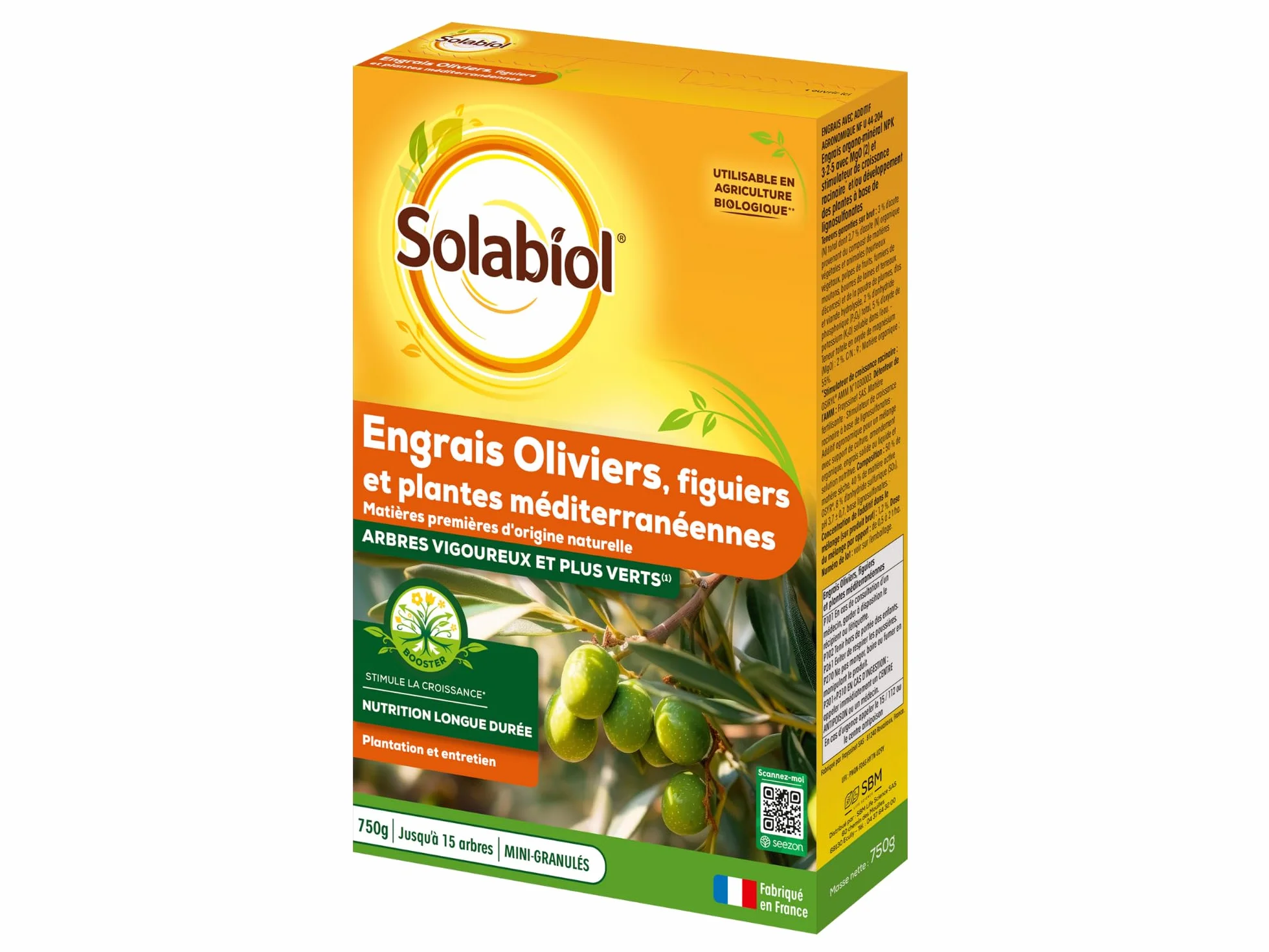 SOLABIOL Engrais Oliviers Figuiers Plantes Méditerranéennes 750g Jusqu'à 15 Arbres Agriculture Biologique SOLIVY750