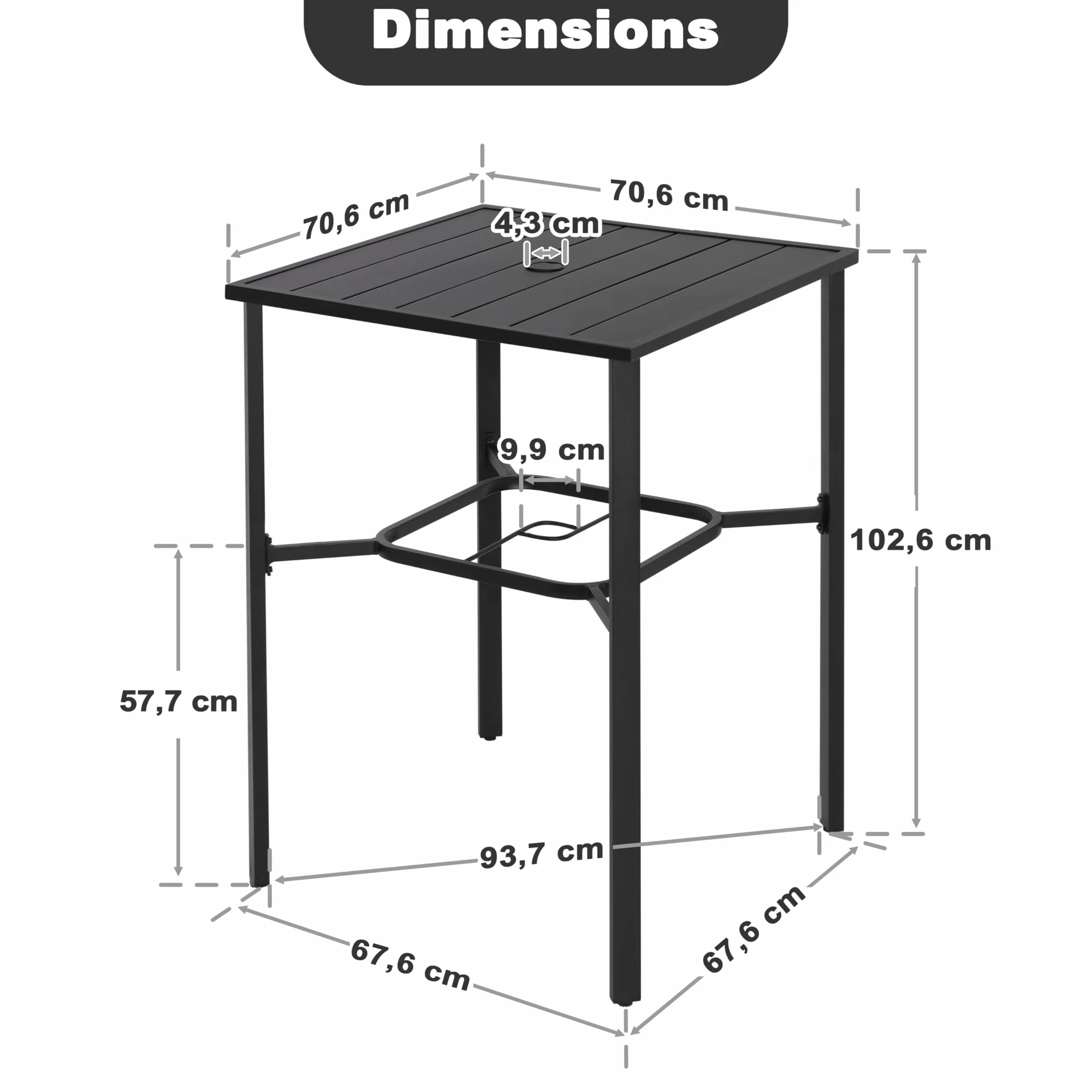 Avestar Table Haute d'extérieur Carrée 71 cm avec Trou à Parasol 4,3 cm Plateau à Lattes Structure métallique Revêtement poudré Noir