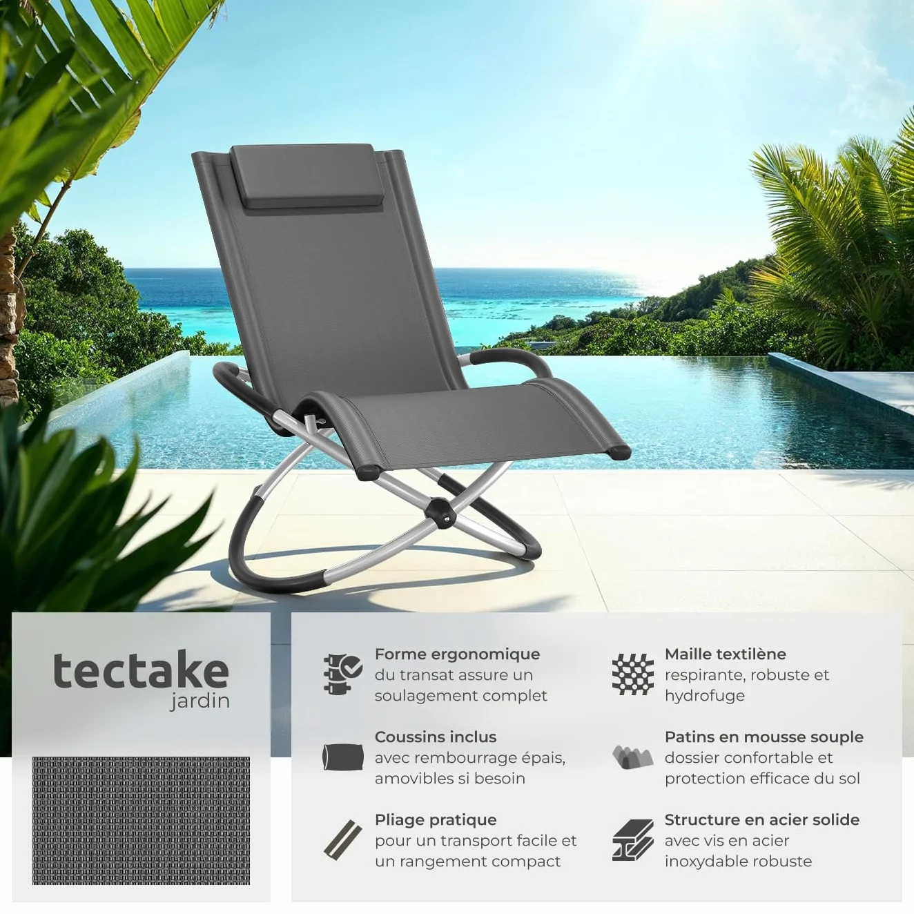 tectake Chaise Longue Pliante Bain de Soleil Jardin Exterieur Cadre Acier Aluminium Transat Plage Relax Camping