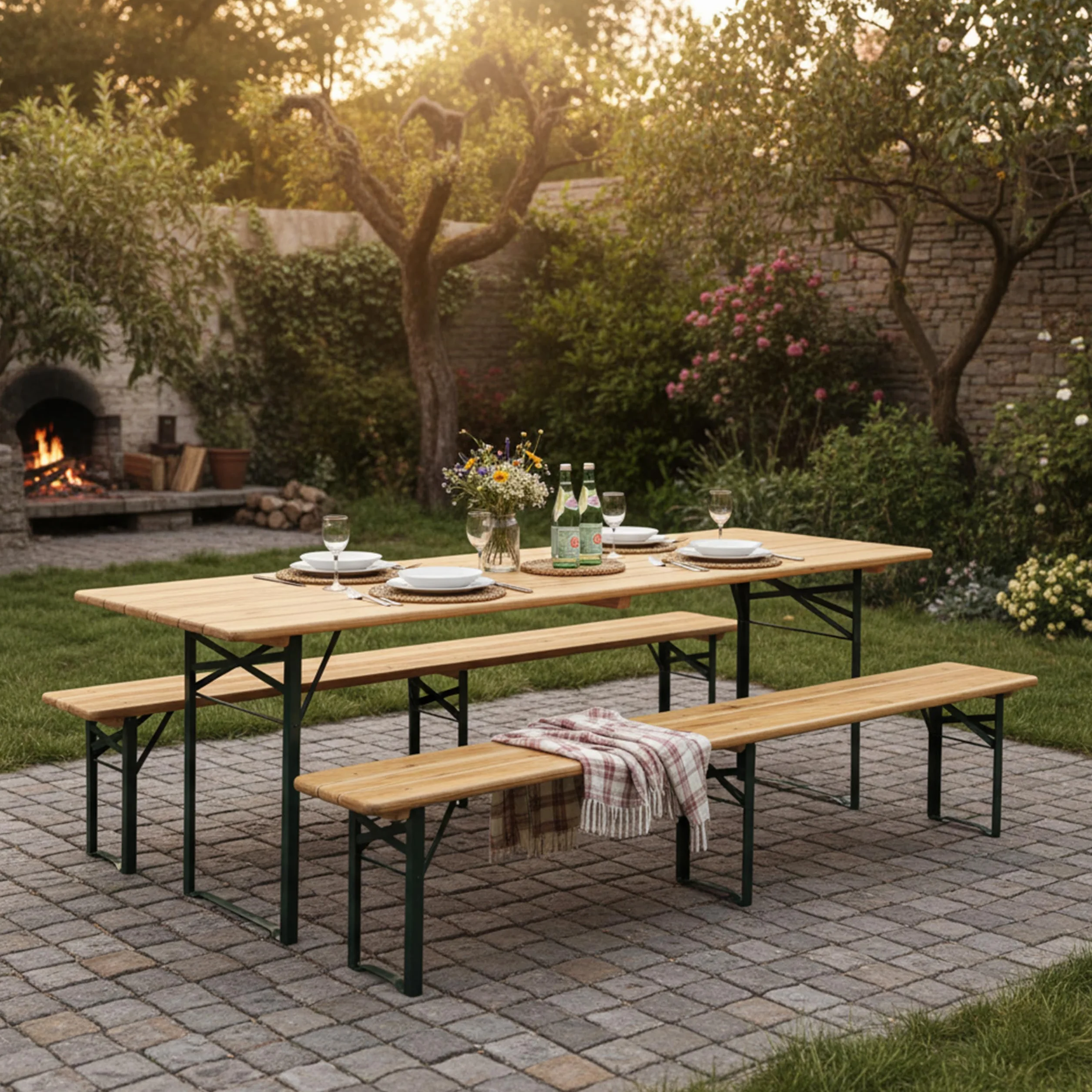 AXI Toon Ensemble de Table et Bancs de Brasserie Acier Bois Pliant 220x60x76 cm