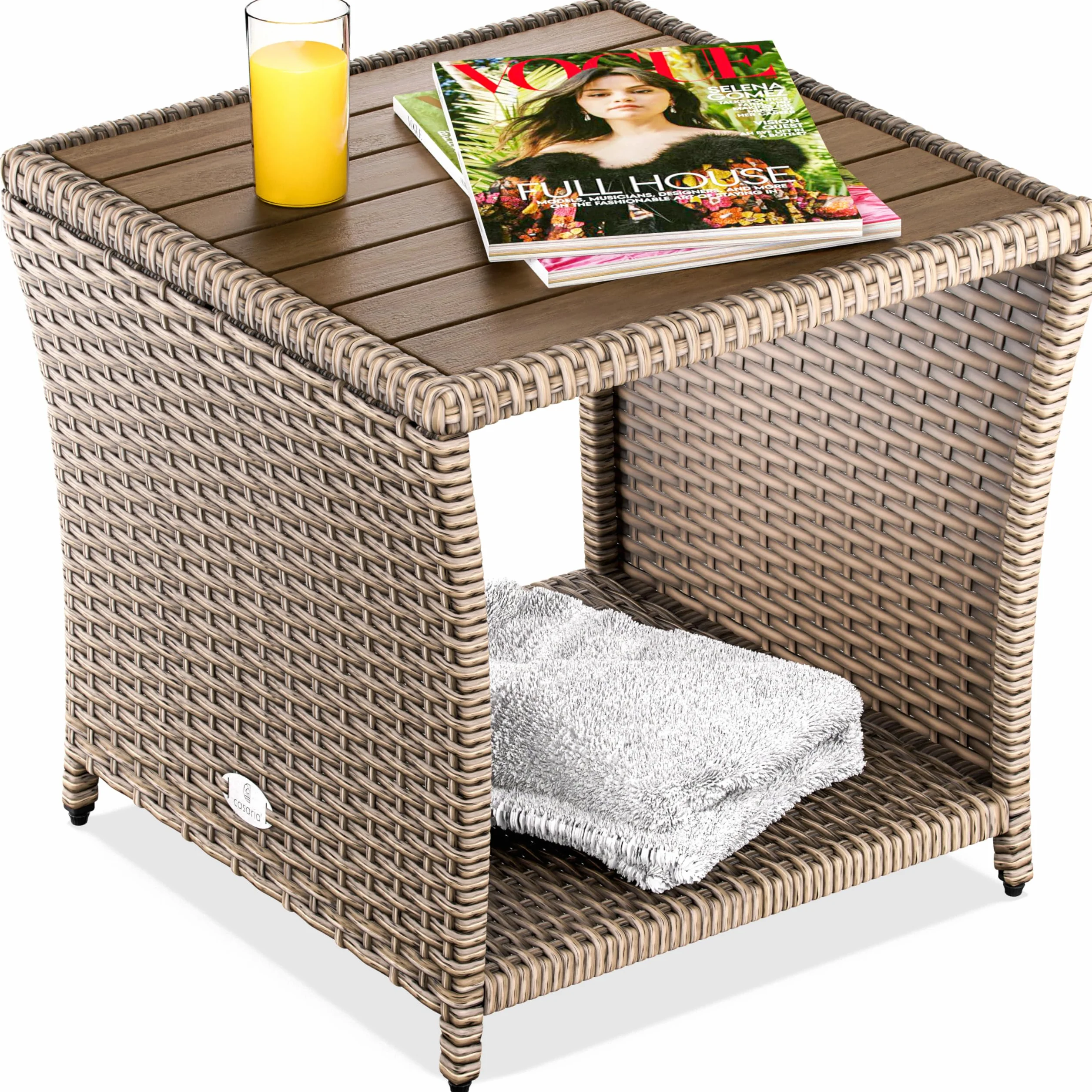 Casaria® Table d'appoint en polyrotin 45x45x40cm crème Plateau en Bois d'acacia Petite Table Basse Jardin Balcon