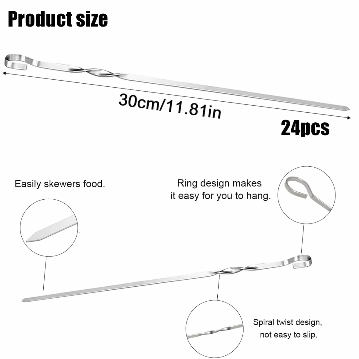 Brochettes de Barbecue en Métal 30cm Inox Plat Réutilisables 24 Pièces