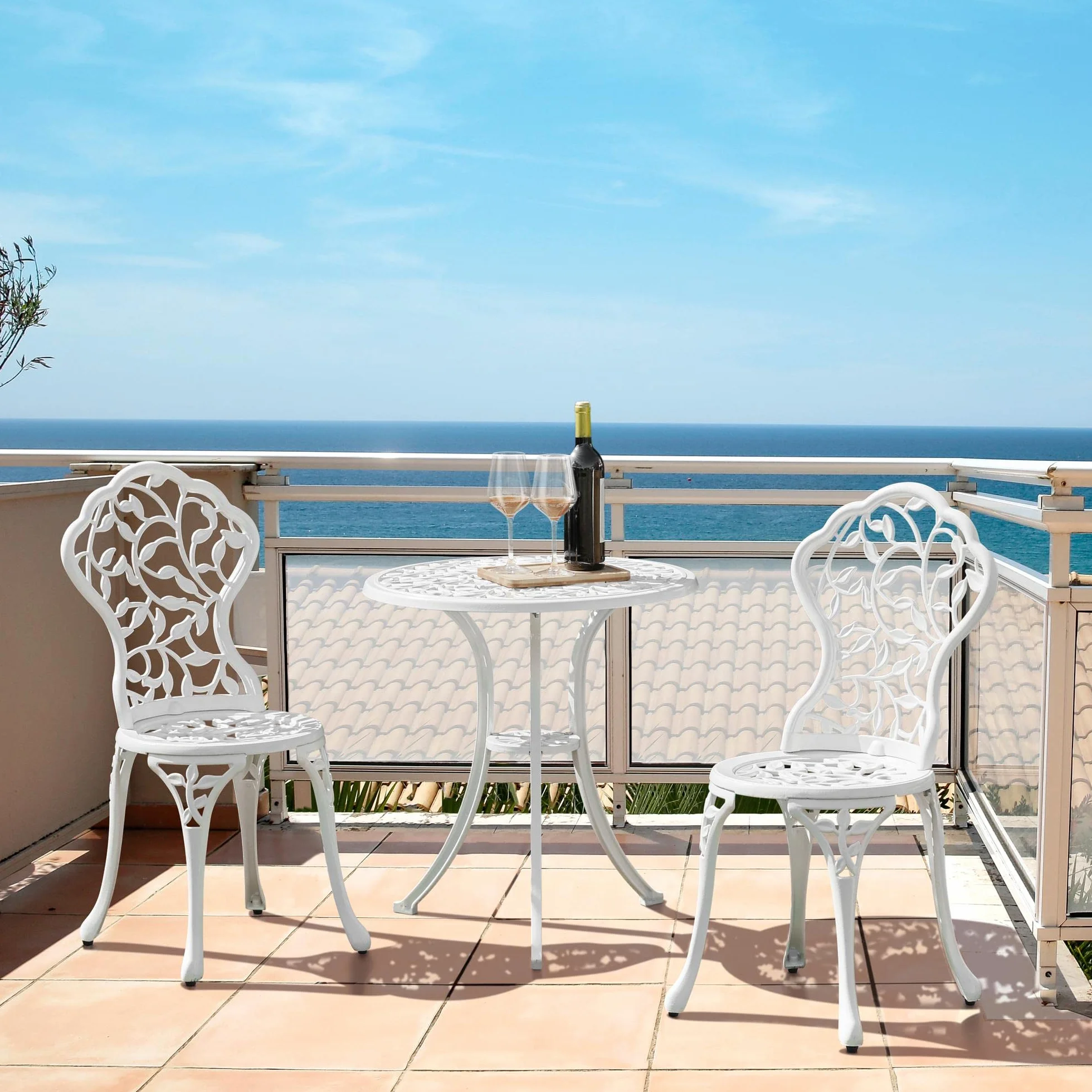 Yaheetech Ensemble de Bistrot en Métal 3 Pièces Design Vintage Feuillage Table et 2 Chaises Blanc
