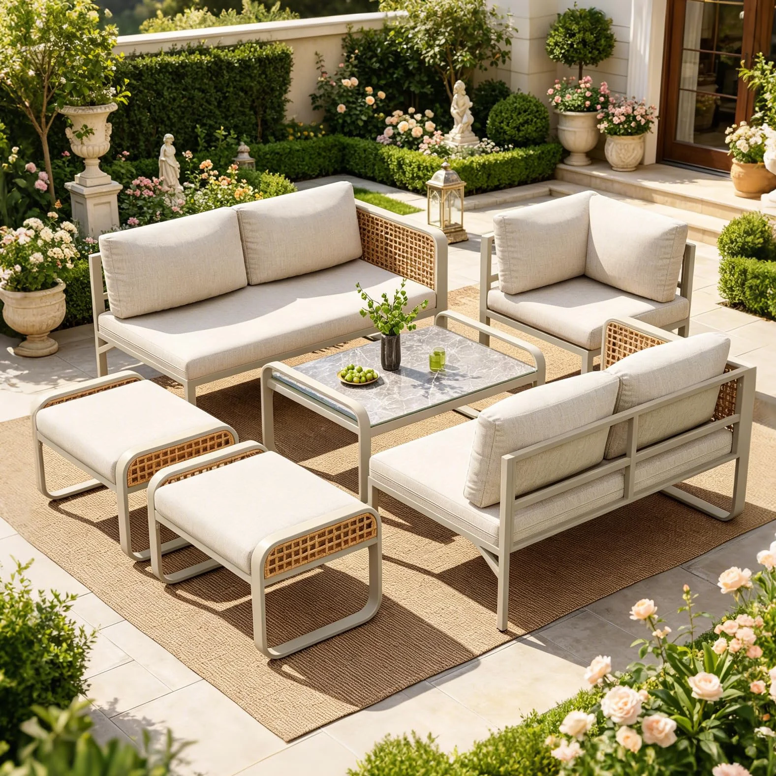 Ensemble Salon de Jardin 6 Pièces Canapé d’Angle Rotin Pieds Réglables Mobilier d’Extérieur Beige