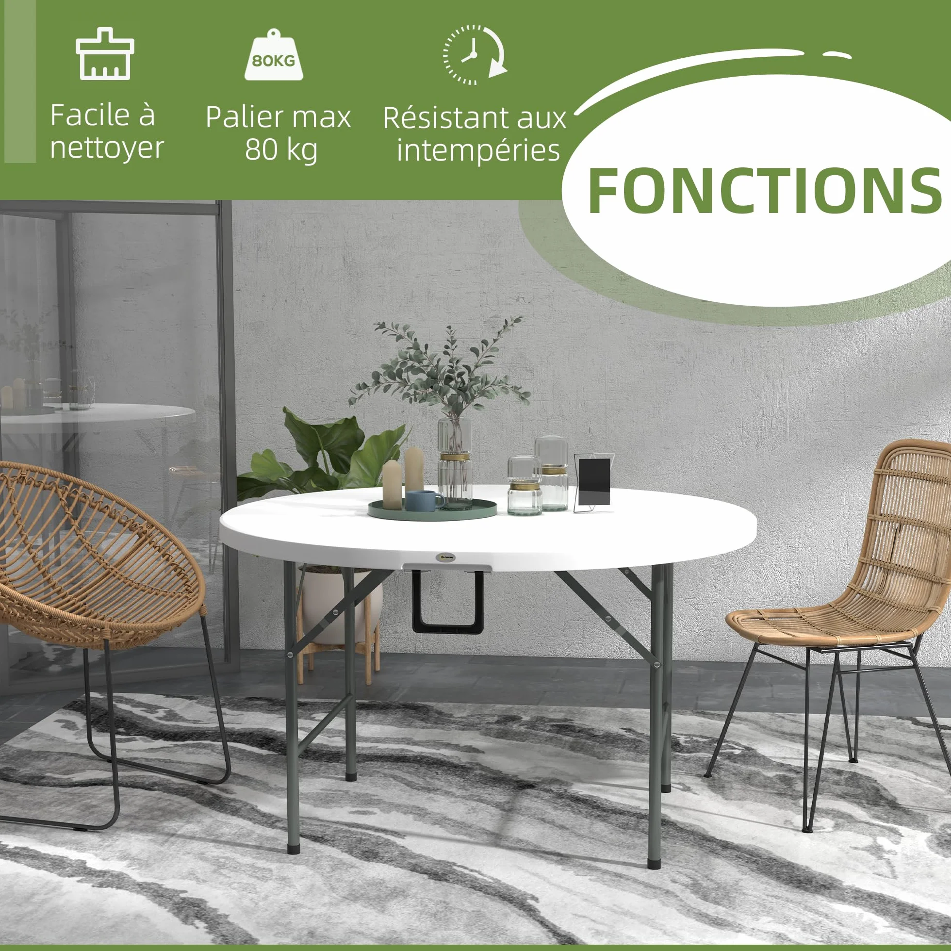 Outsunny Table Ronde de Jardin Pliante Ø122 cm 6 Personnes Structure Métal Plateau HDPE