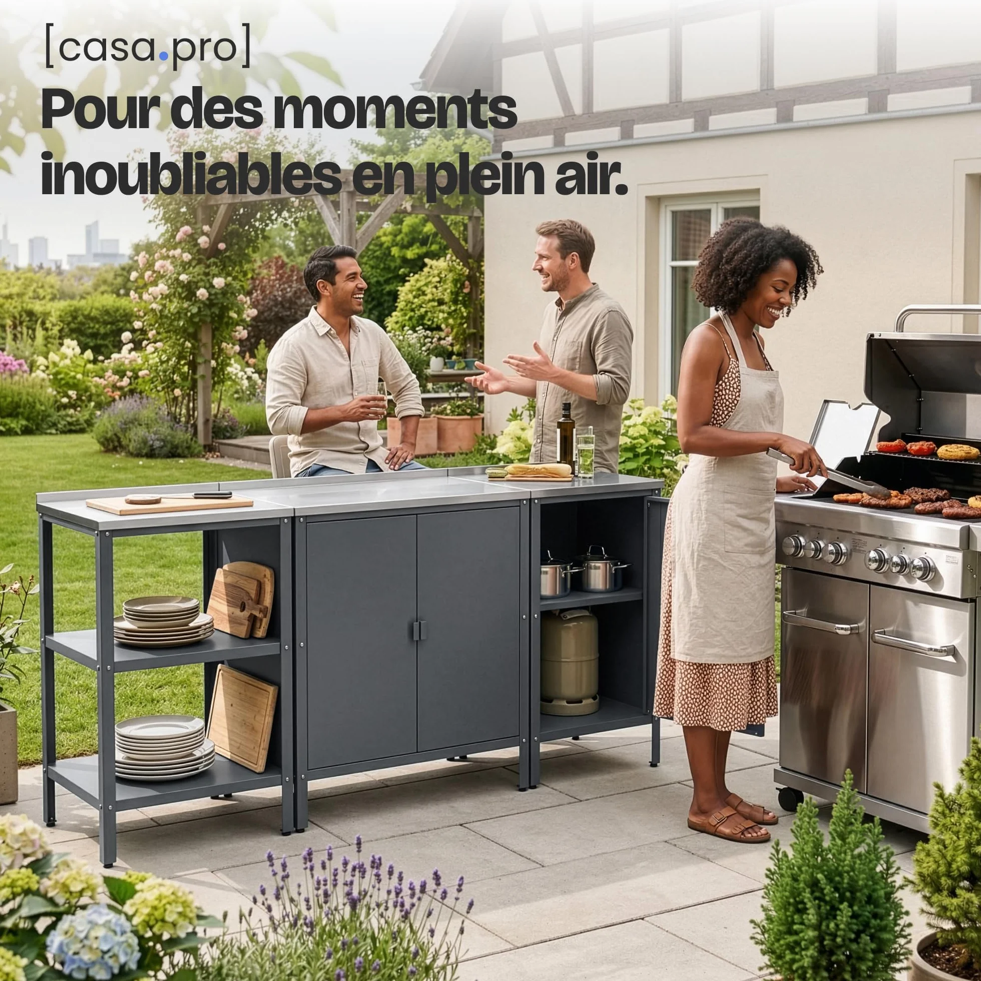 Casa.pro Armoire Basse de Jardin Bolognano Meuble de Rangement Acier Laqué 92 x 80 x 50 cm Gris Foncé Mat