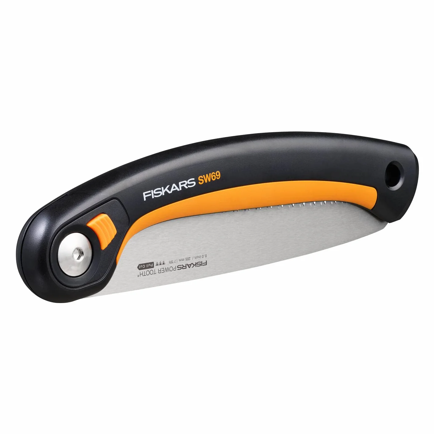 Fiskars Plus Scie Pliaple, pour Troncs et Branches épais, 3 positions de Coupe, Lame Power Tooth tranchante, Denture grossière, Longueur de la lame : 21 cm, Noir/Orange, SW69, 1067553