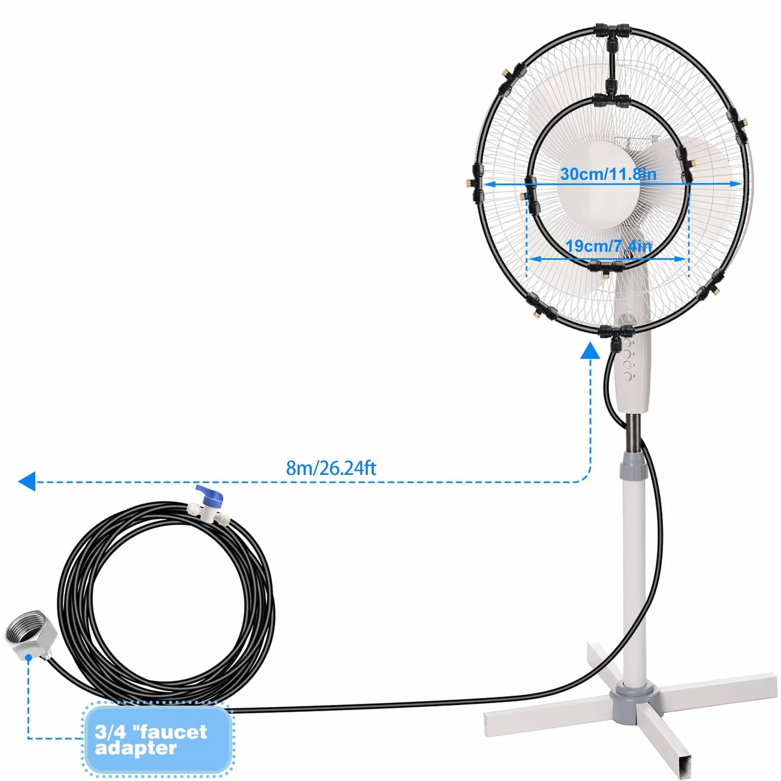 Kit de Brumisation Ventilateur pour Terrasse Extérieure avec Tuyau d’Alimentation en Eau de 8 M