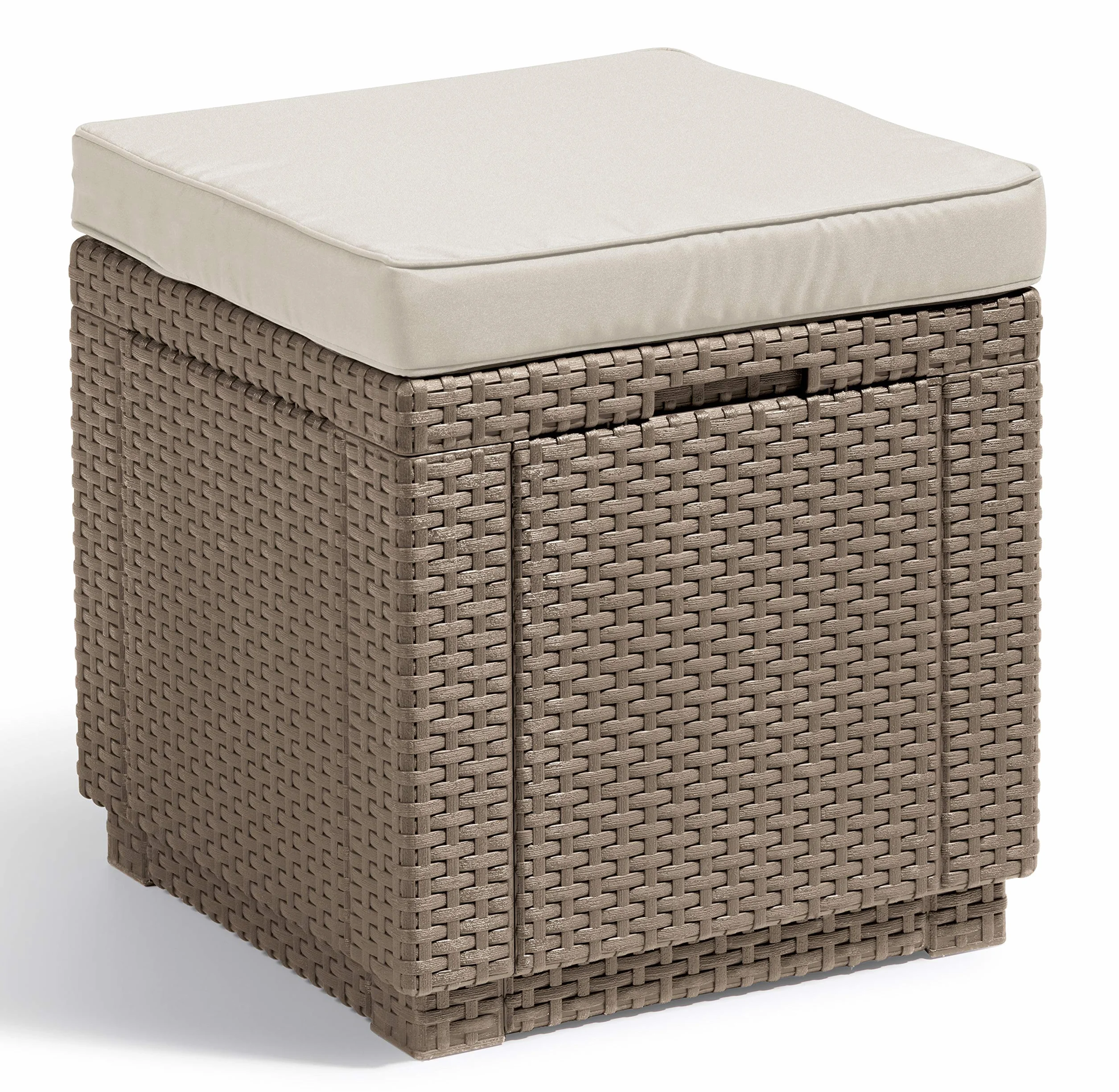 Allibert par Keter Tabouret cubique avec rangement cappuccino coussin inclus couvercle amovible aspect rotin résistant intempéries 42x42x39 cm