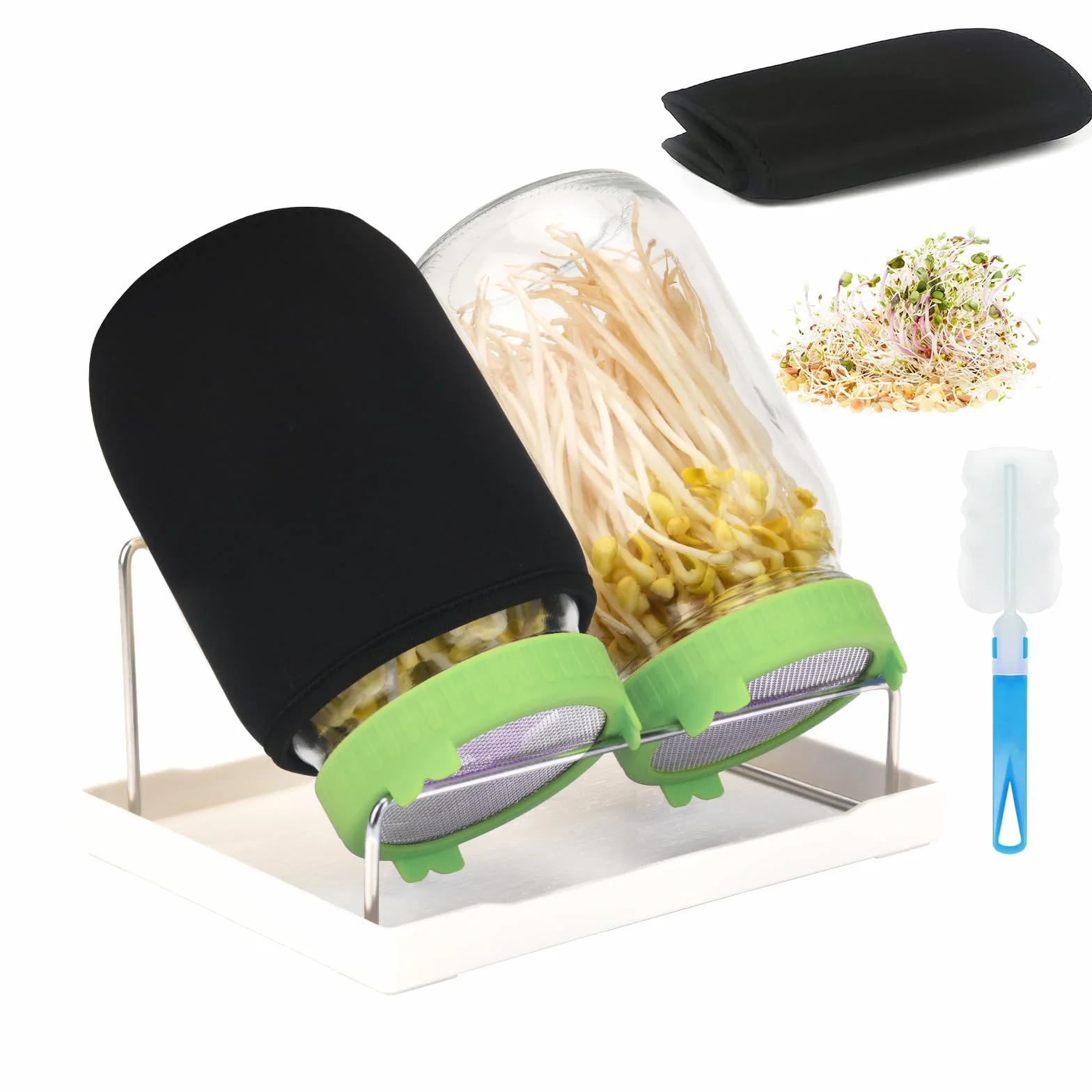 Bocal de Germination 2 x 1000ml Germoir en Verre avec Couvercles Maille Inox, Support, Plateau